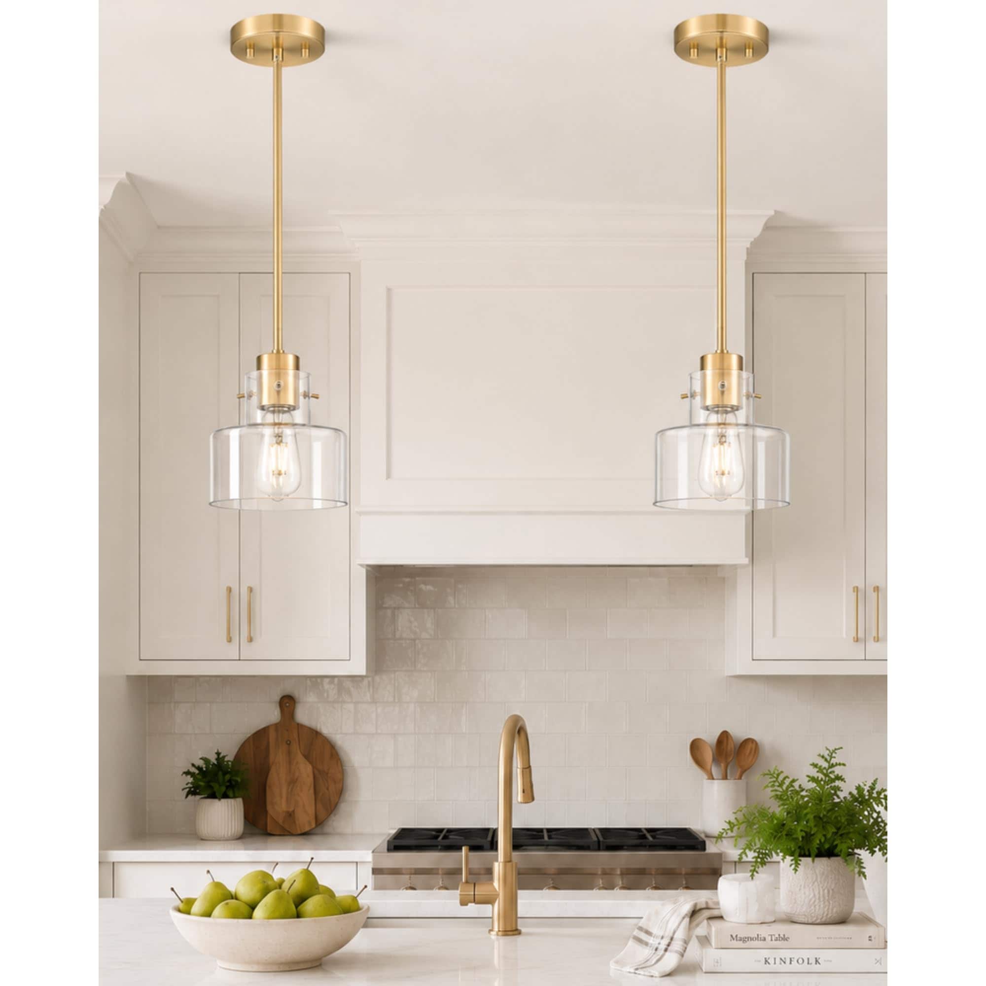 AOIZGMY  2 Pack Pendant Lights Kitchen Island Brushed Gold Pendant Light Fixtures Over Island with Clear Glass Shade Six Inch Modern Brass Kitchen