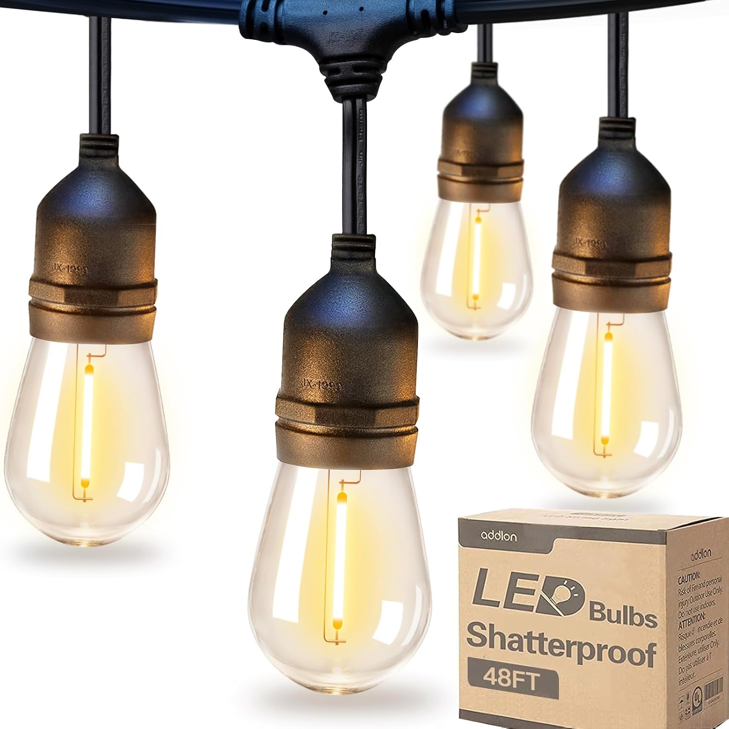 Luupatchy 48 ft ETL Listed Commercial Grade Outdoor LED String Lights with 15 Shatterproof E17 Edison Bulbs Weatherproof Dual Parallel Wiring Dimmable Patio Bistro Strand