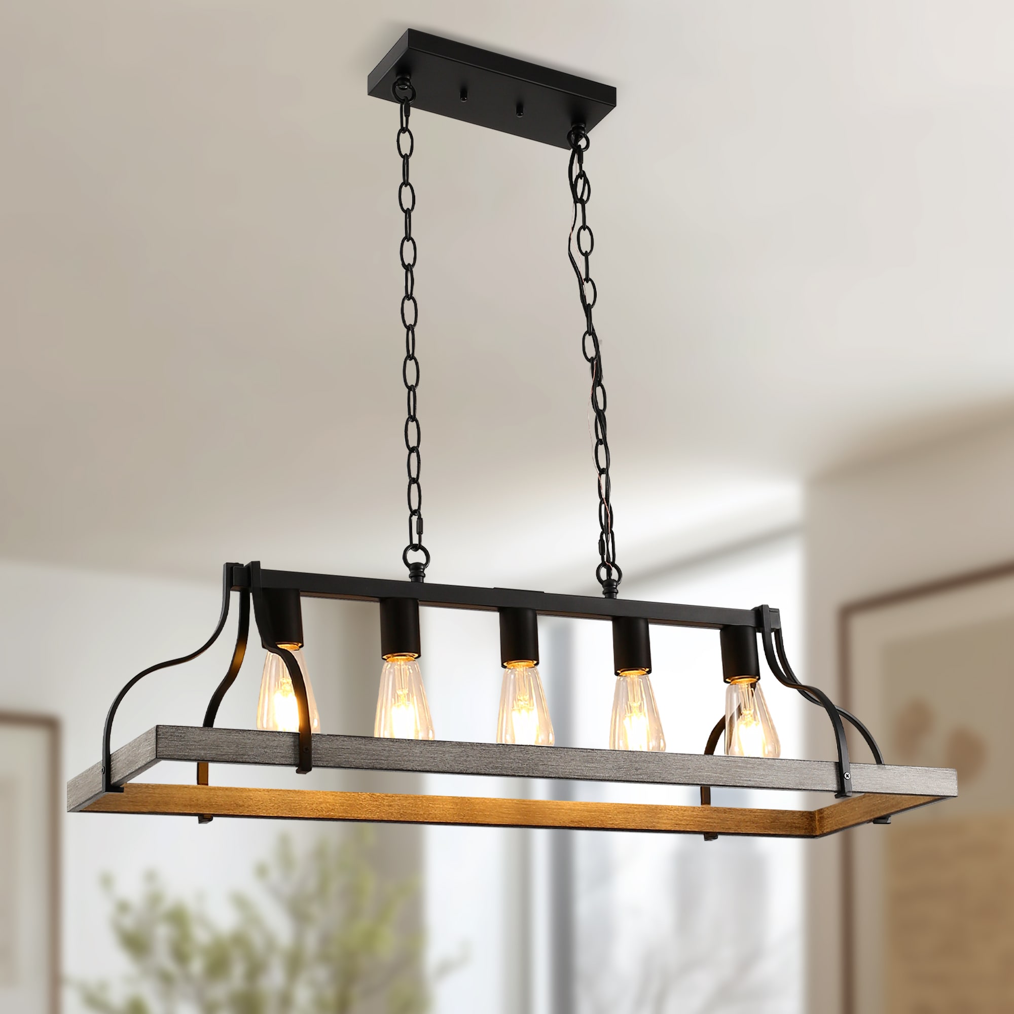 DORESshop Rustic 5 Light Kitchen Island and Dining Room Light Farmhouse Linear Chandelier with Black and Grey Wood Finish