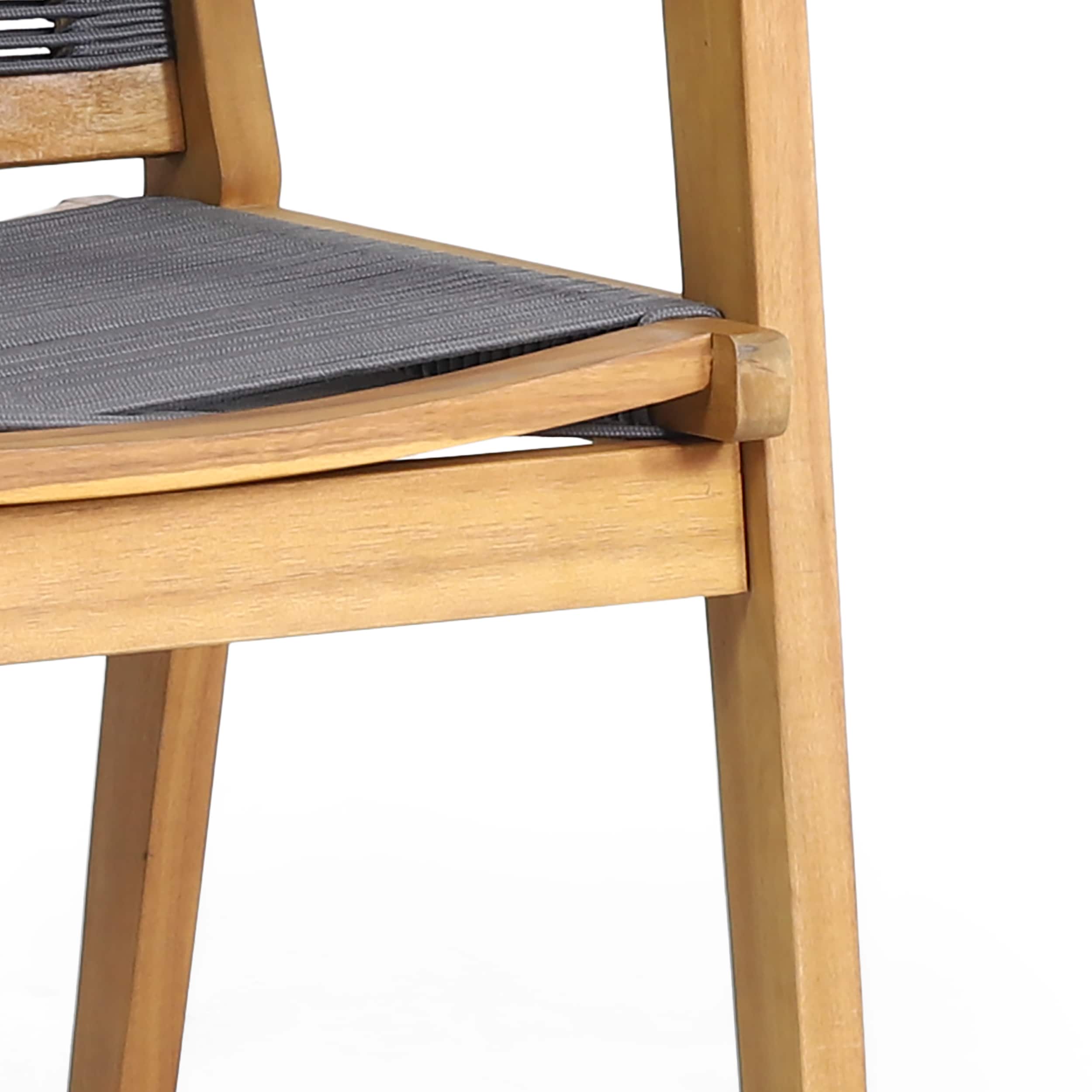 Set of 2 Teak and Dark Gray Rope Outdoor Dining Chairs