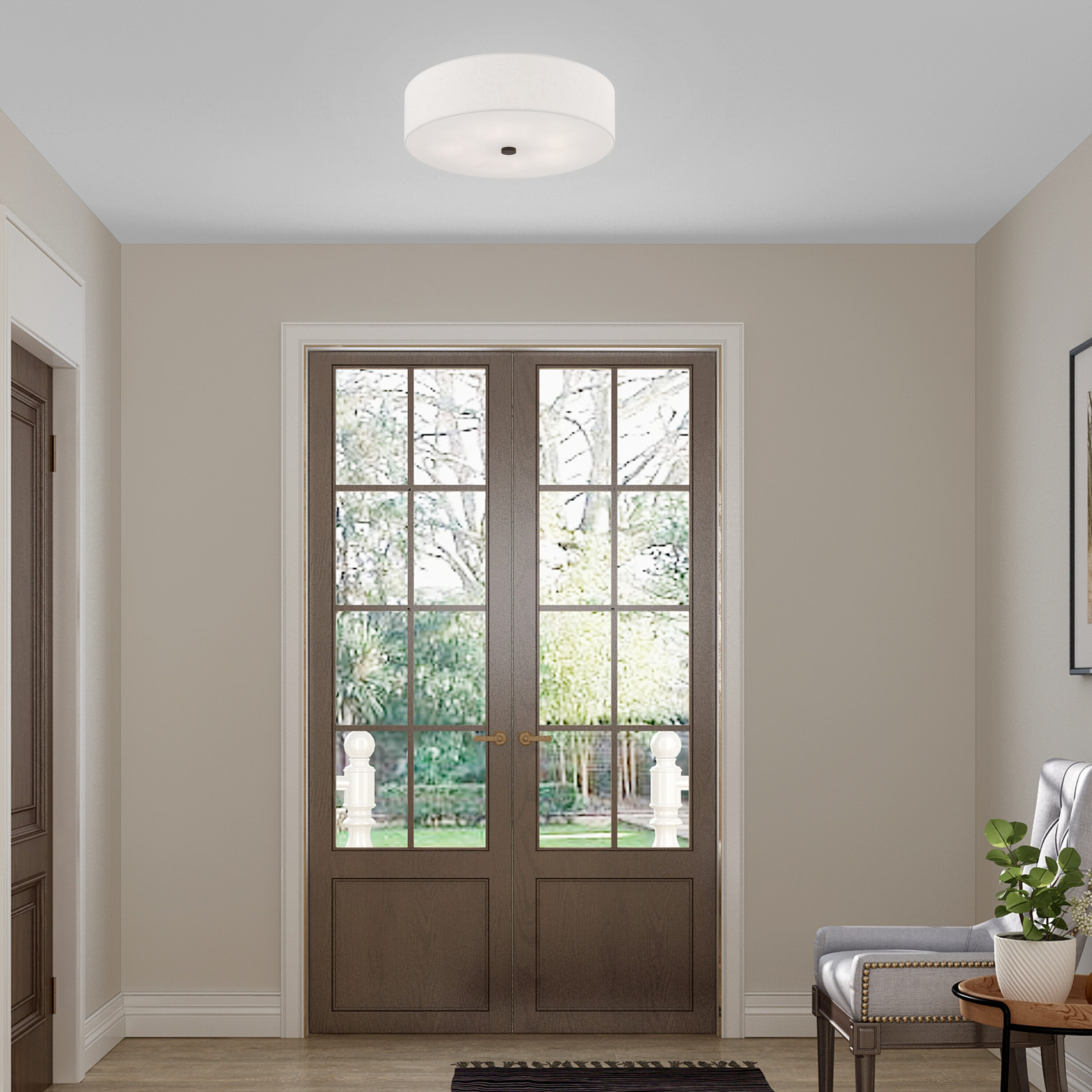 English Bronze 5-Light Semi-Flush Mount with Fabric Drum Shade