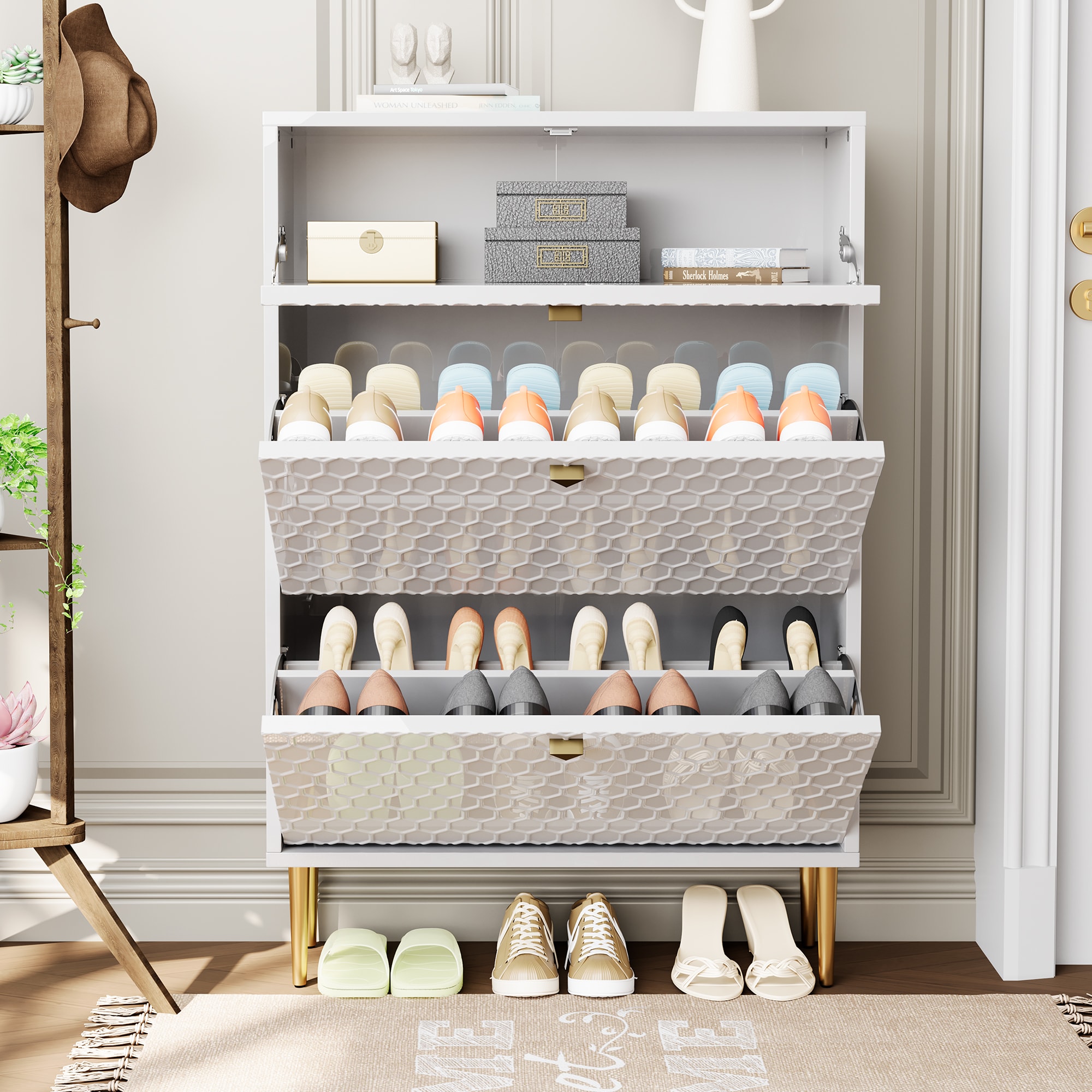 Clihome W50-ZO-1476 46.46-in H 3 Tier 24 Pair White Mdf Shoe Cabinet