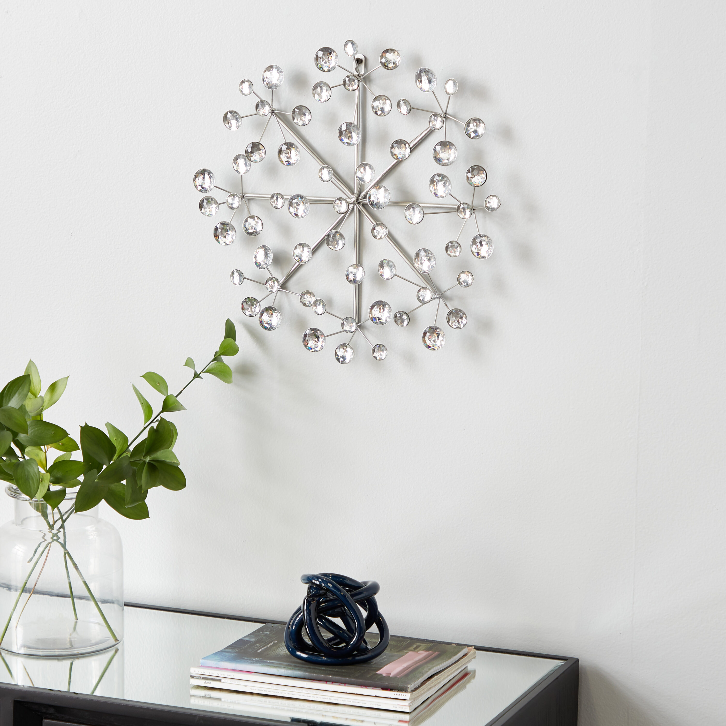 Glamorous Silver Snowflake 16" Metal Wall Sculpture with Acrylic Beads