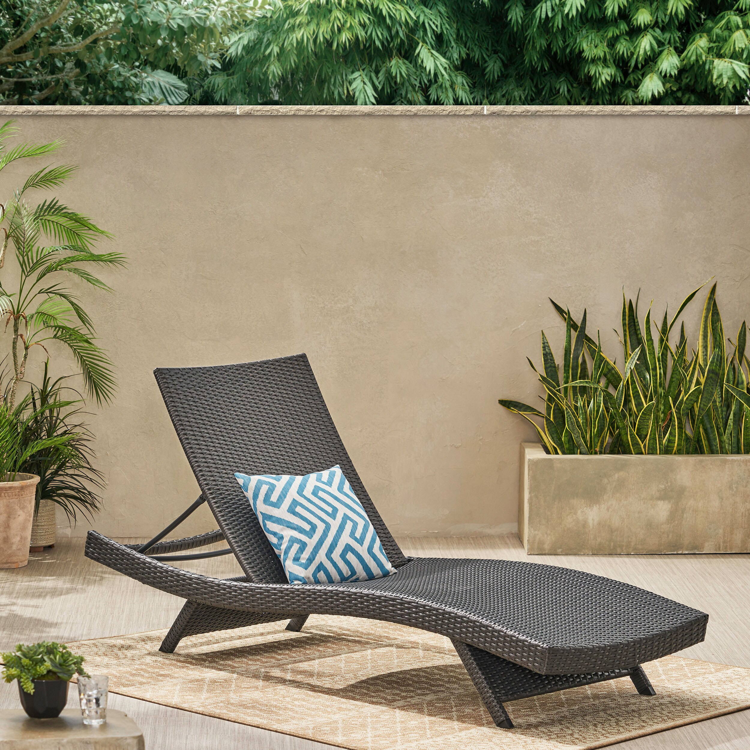 Gray Wicker Adjustable Outdoor Chaise Lounge with Iron Frame