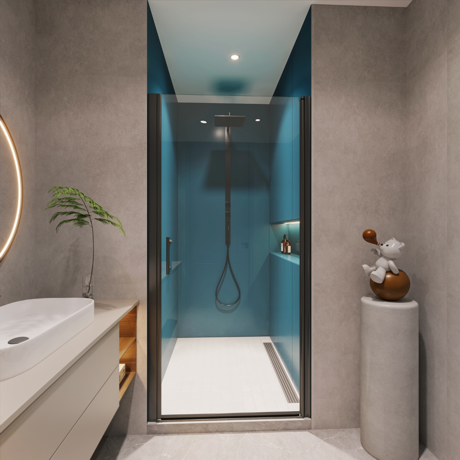 Lirago - 1 3/8in adjustmentuniversal pivot shower door open outside with 1/4in tempered glass fin...