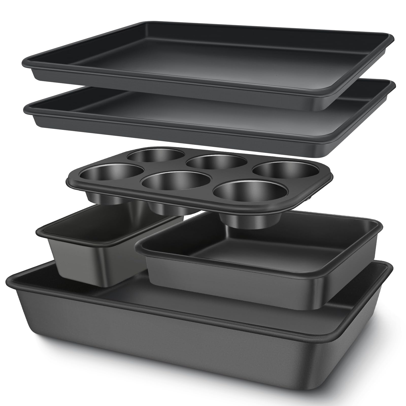 Etokfoks  6 Piece Carbon Steel Nonstick Bakeware Set Baking Pans for Oven Cooking Cookie Sheet Roaster Loaf Muffin