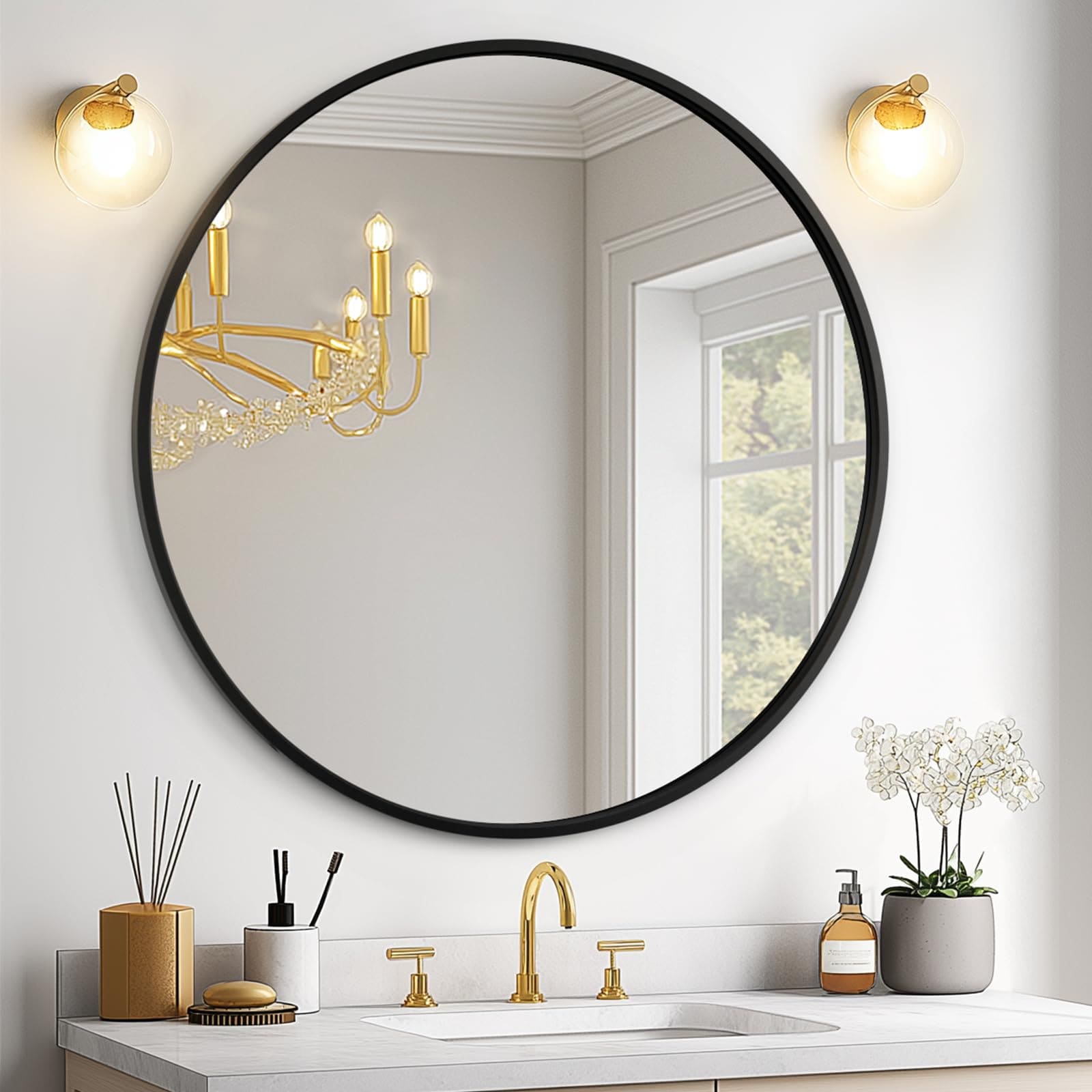 Justincity -  24 Inch Black Round Wall Mirror Modern Metal Frame Circle Vanity Mirror for Bathroo...