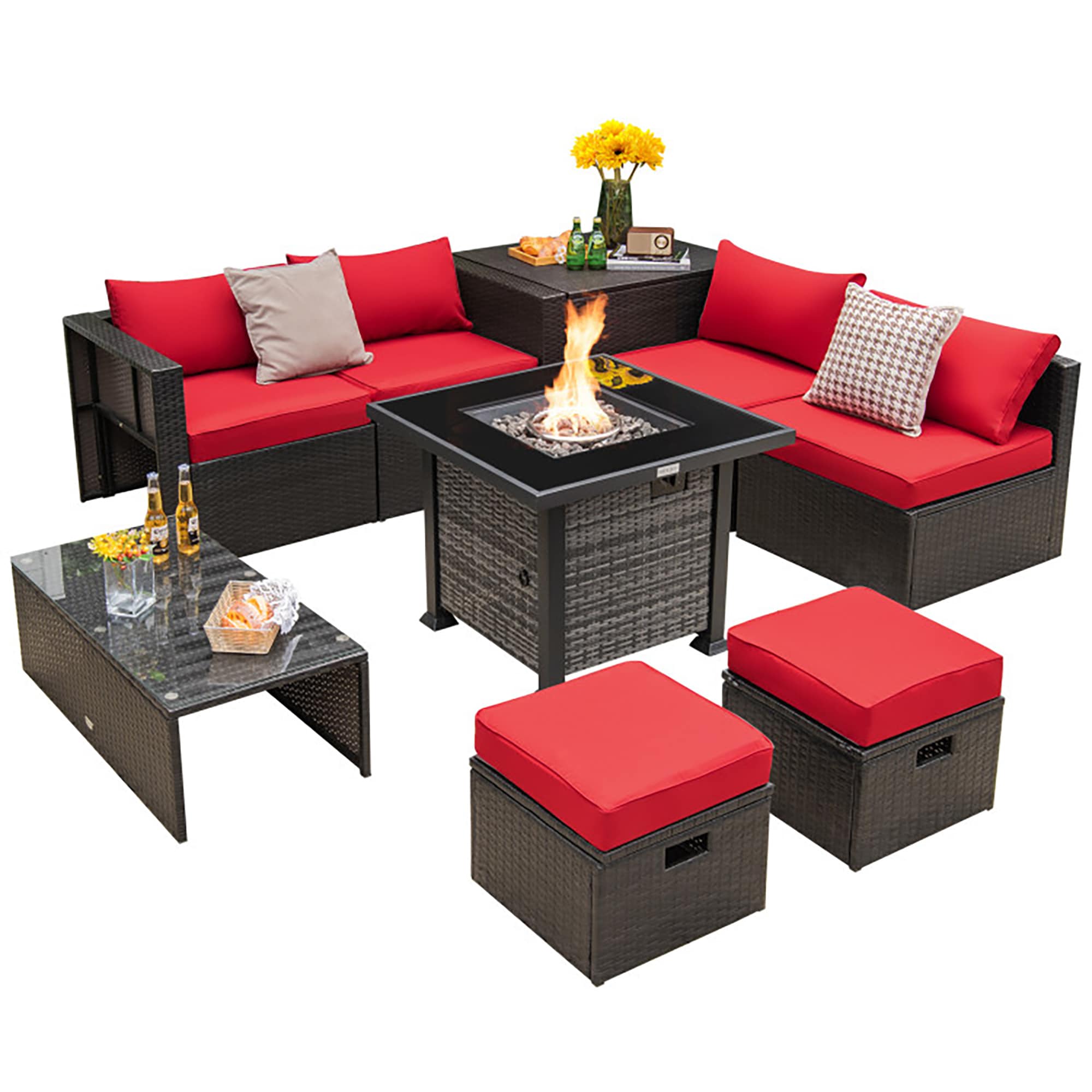 CASAINC CEW-HY3615DBOR Patio Furniture Fire Pit Set 9 -Piece Rattan 2 Patio Sofa Conversation Set with Red Cushions