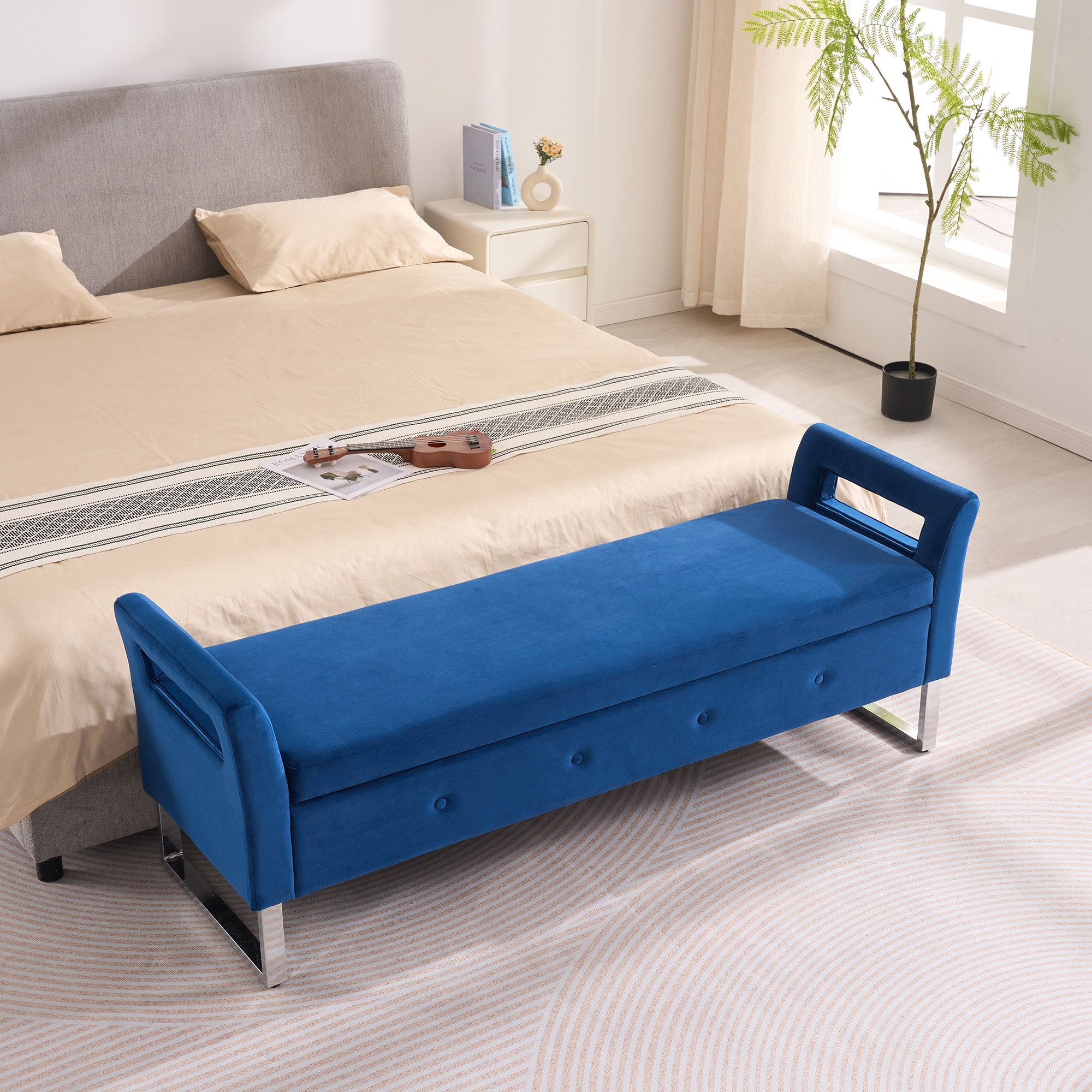 Aortzio HM-S4015-NAVY Modern Navy Accent Bench 60-in x 11.4-in x 21-in
