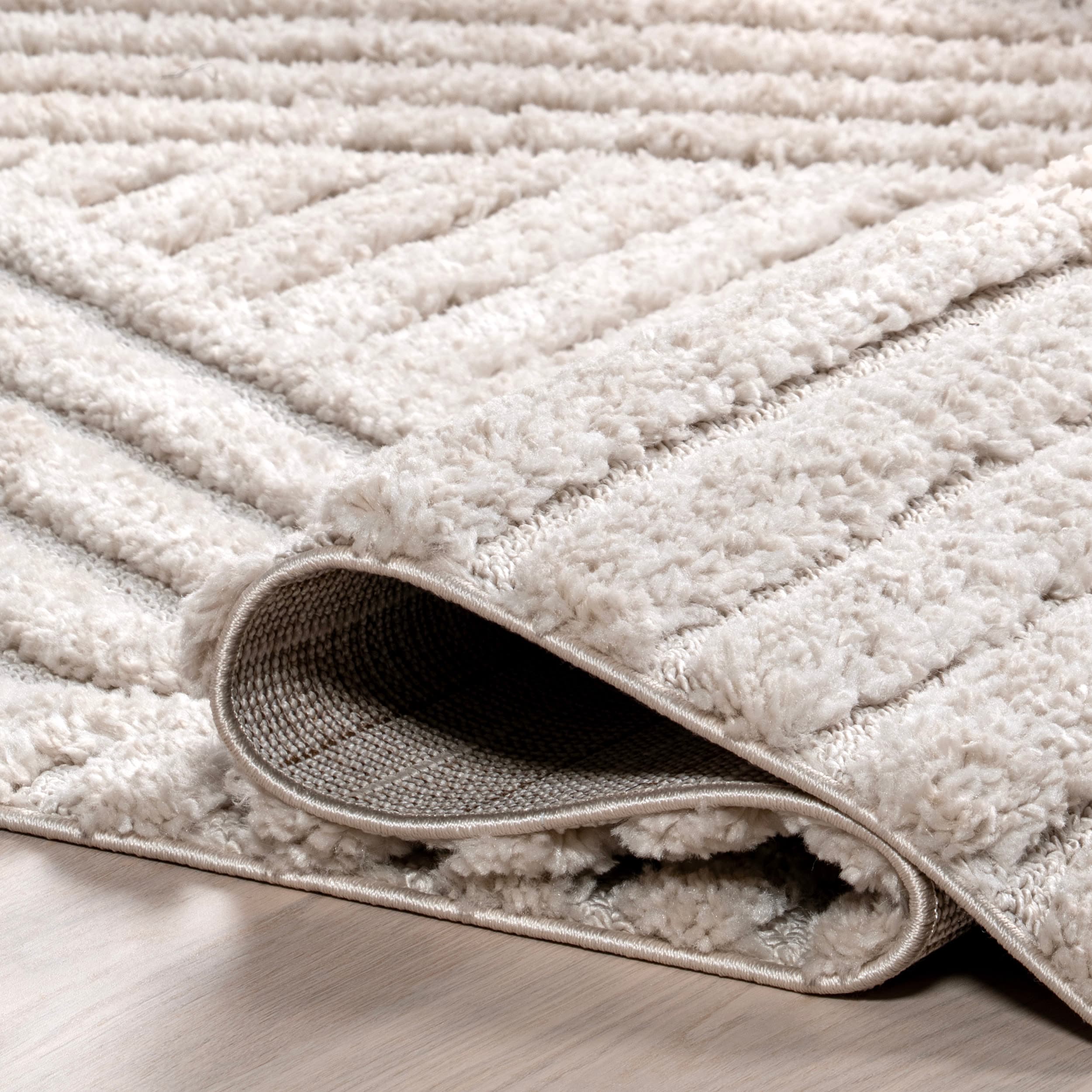 Beige Geometric Shag Rectangular Area Rug with Tassels