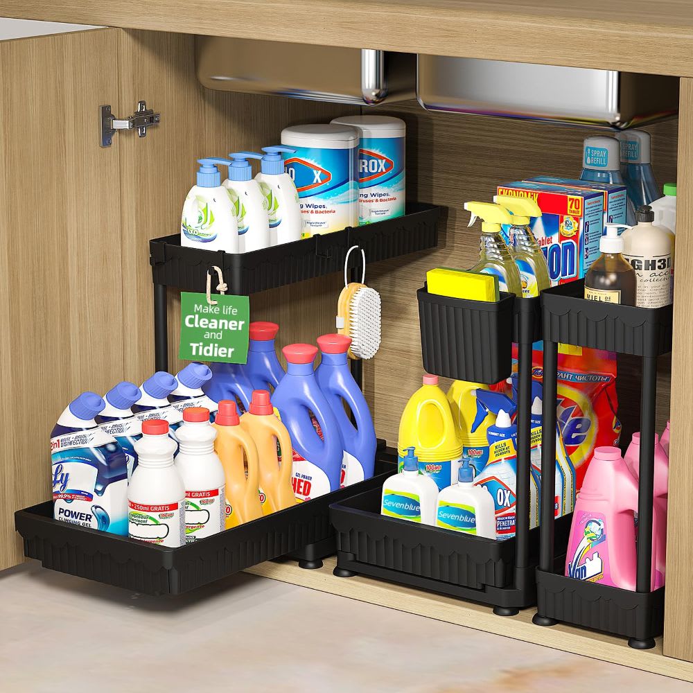 Etokfoks  3 Pack L Shaped Under Sink Organizer 15.5 x 12.85 x 9.25 Inch Pull Out Cabinet Storage with Extra Basket for Kitchen Bathroom