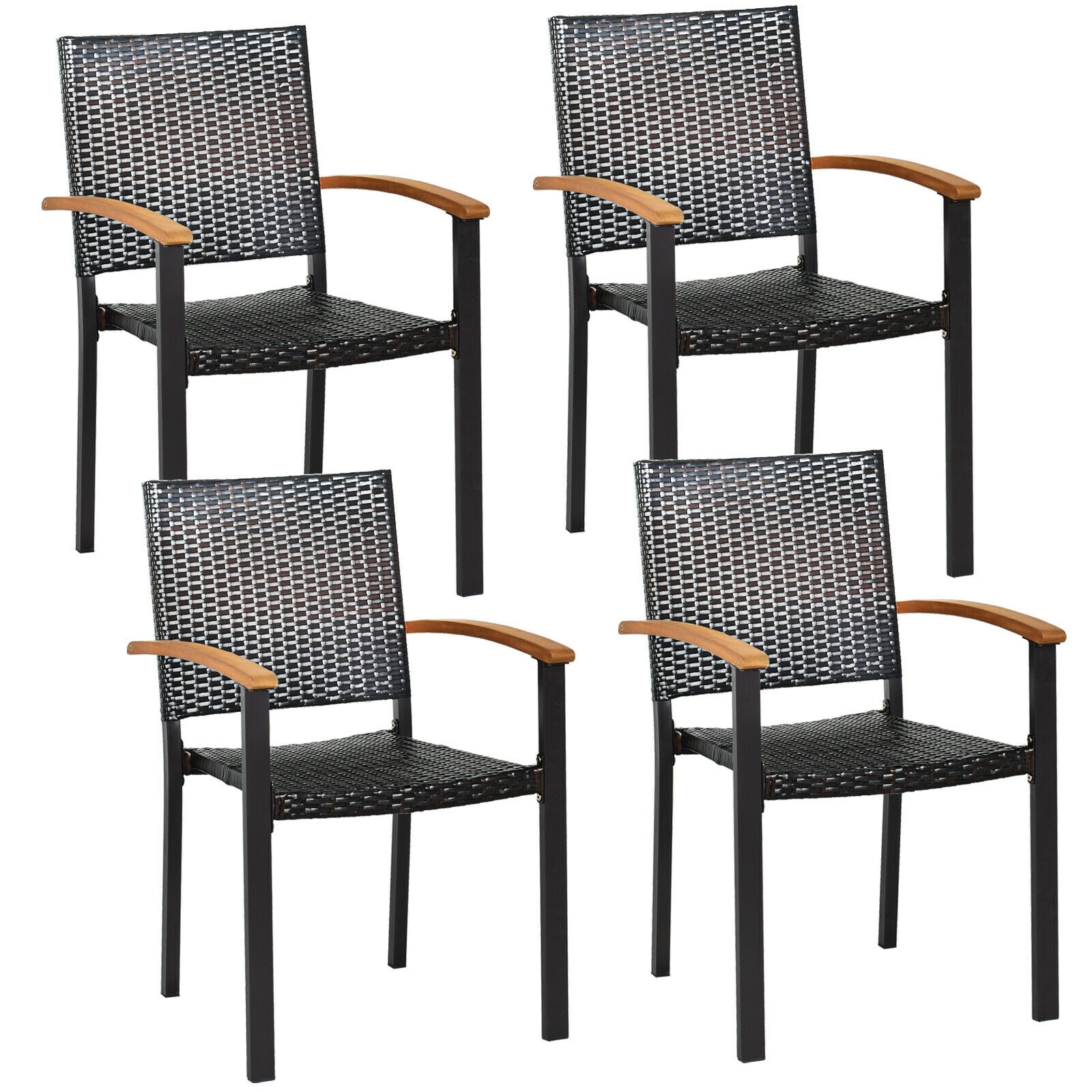 Slickblue D-CO-4-21807WH Set of 4 Mix-Brown- PE Rattan Patio Dining Chairs with Acacia Wood Armrests and Steel Frame for Garden Patio Balcony or Poolside