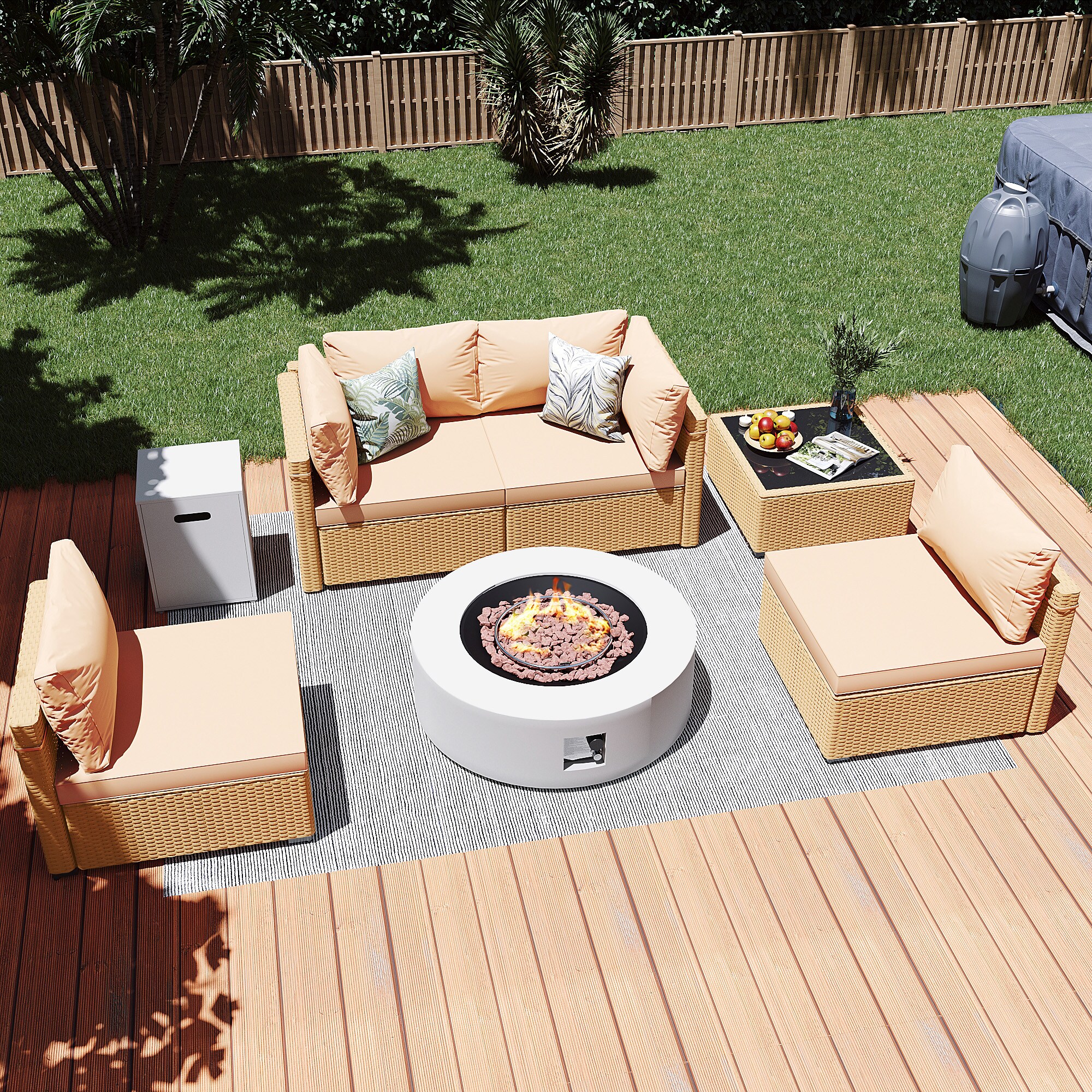 Patio Watcher LS-RT5-KD42WH-Y1 6 -Piece Rattan Patio Conversation Set with Beige Cushions