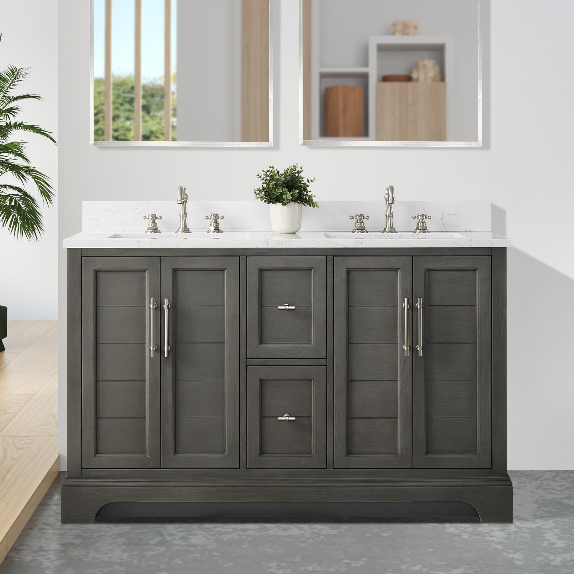 Vanity Art VA5054-SG Chambery 54-in Silver Grey Undermount Double sink Bathroom Vanity with White with Grey Veining Engineered marble Top