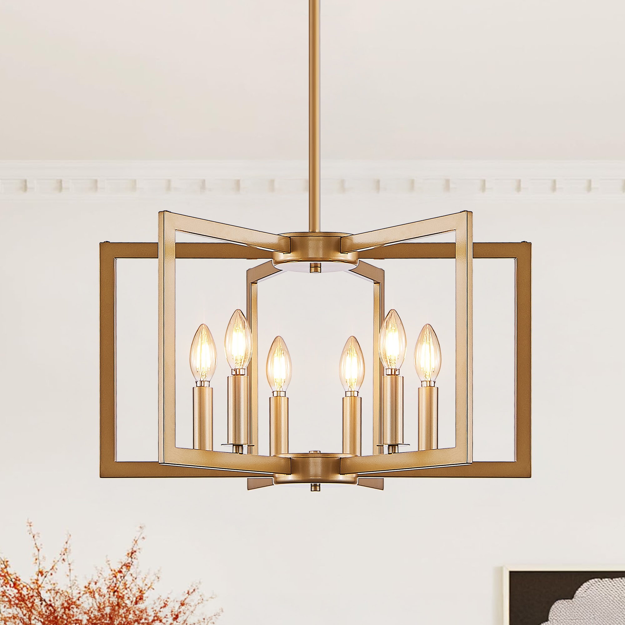 JUSHUA Twenty two Inches modern golden geometric six light chandelier industrial metal pendant lighting fixture bulbs not included stylish decorative lamp for living room dining room and kitchen island layout