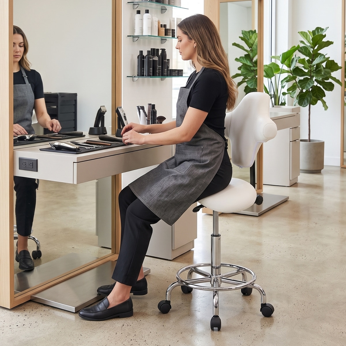 Loheer White Ergonomic Saddle Stool with Rollerblade Wheels and Adjustable Height