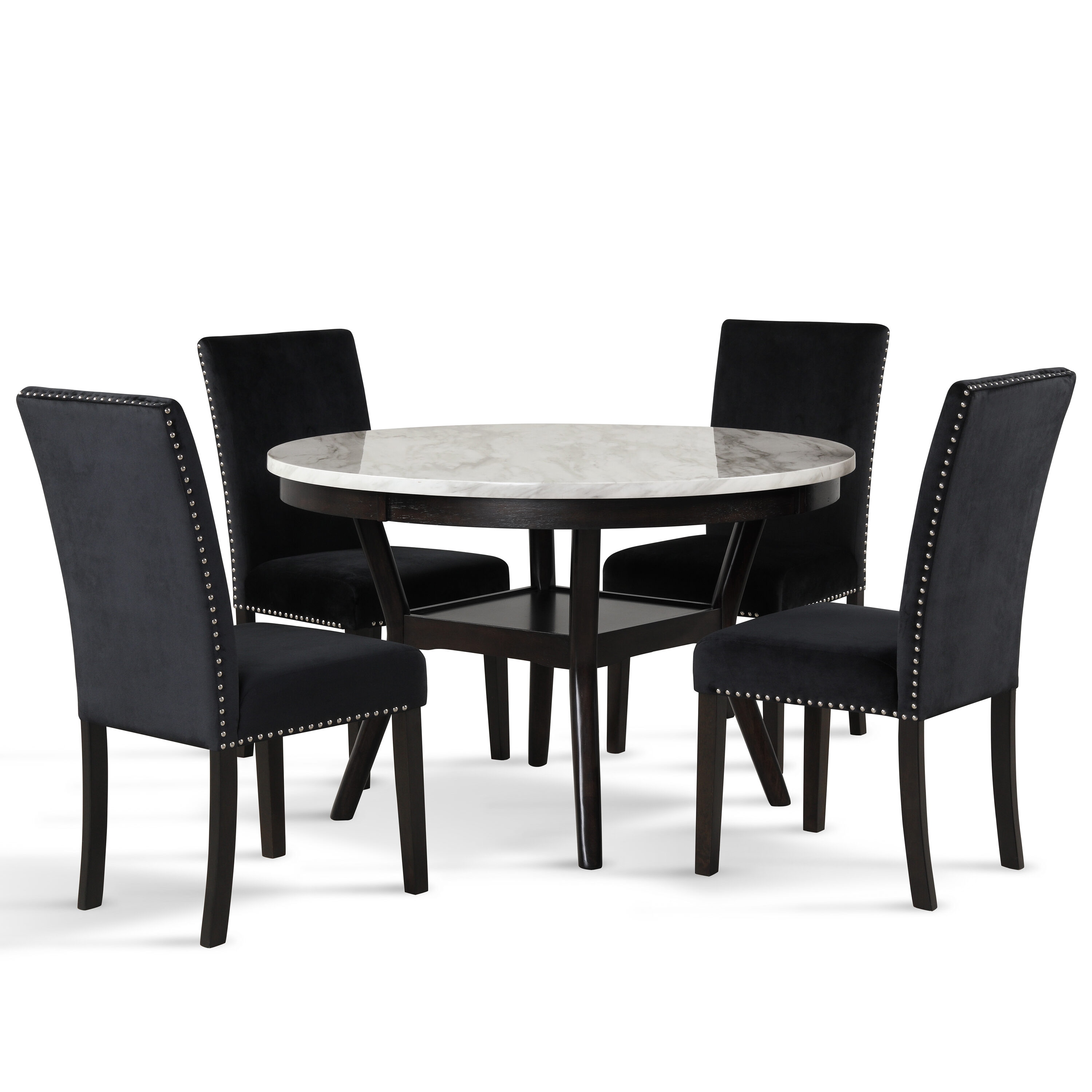 Celeste 5-Piece Black Faux Marble Dining Set with Velvet Chairs