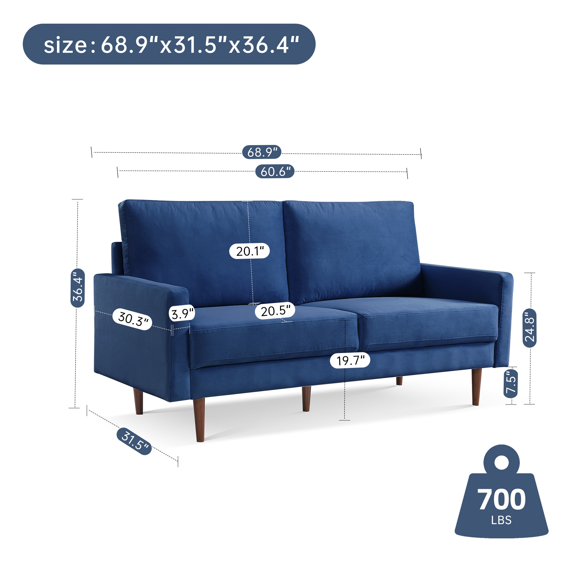 69 Inch Blue Velvet Sofa with Removable Cushions and Wood Legs
