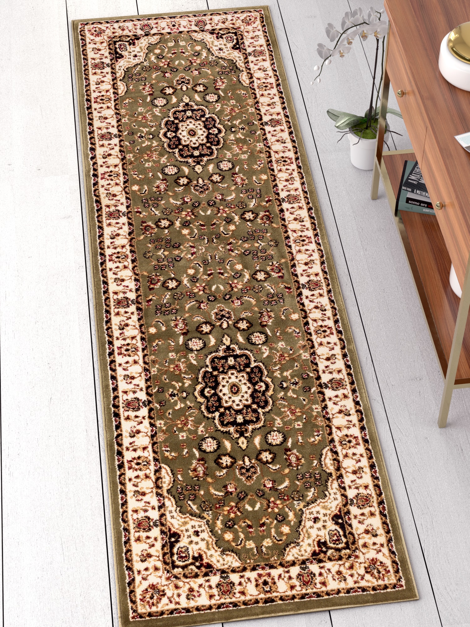 Well Woven 541052 2 x 7 (ft) Loomed Polypropylene Green Rectangular Indoor Medallion Persian Runner rug