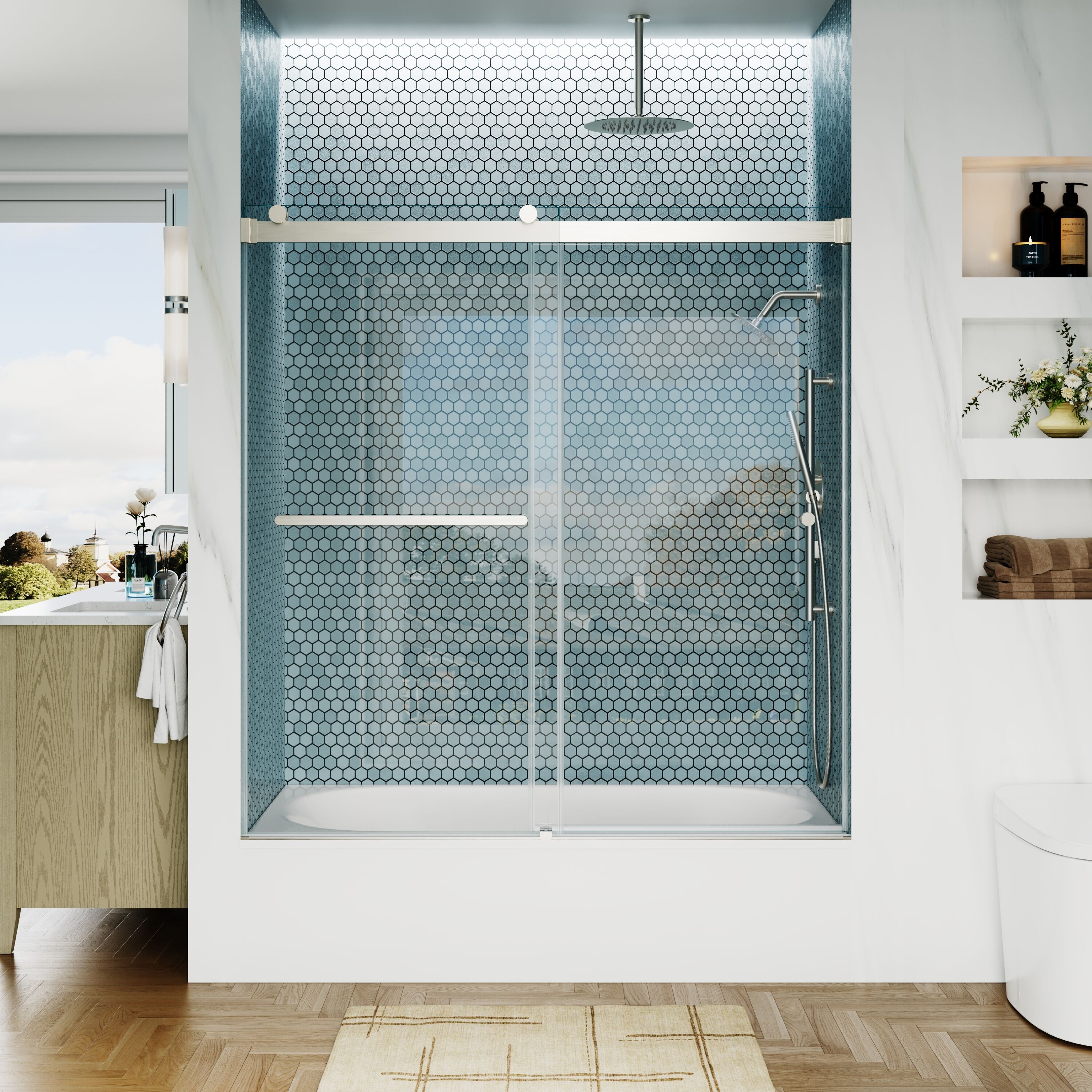 Forclover Double Sliding Tub Door Brushed Nickel 56-in to 60-in W x 62-in H Frameless Clear Glass Bypass Sliding Bathtub door