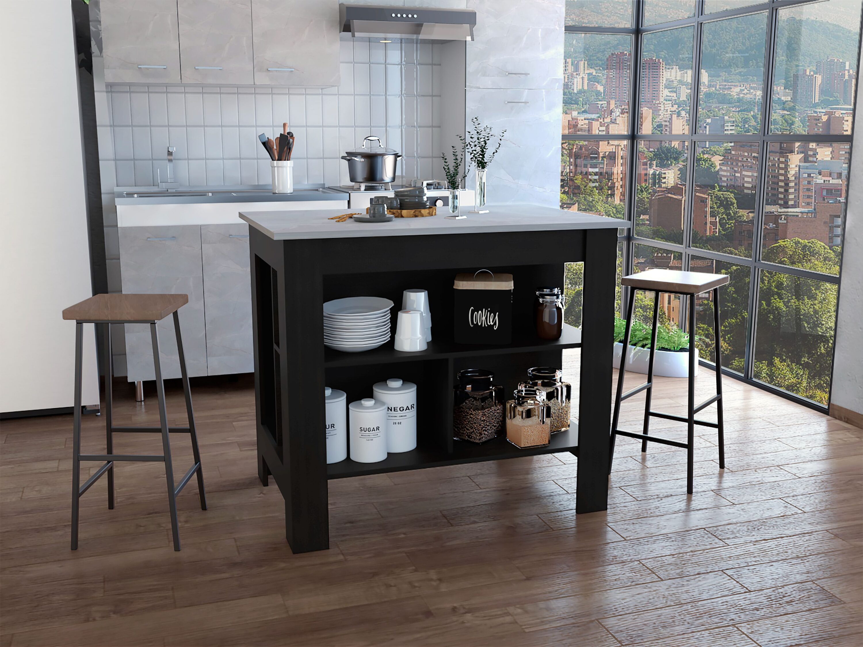 LOVMOR Kitchen Island 35 H Four Legs Three Open Storage Shelves Black Ibiza Marble Finish