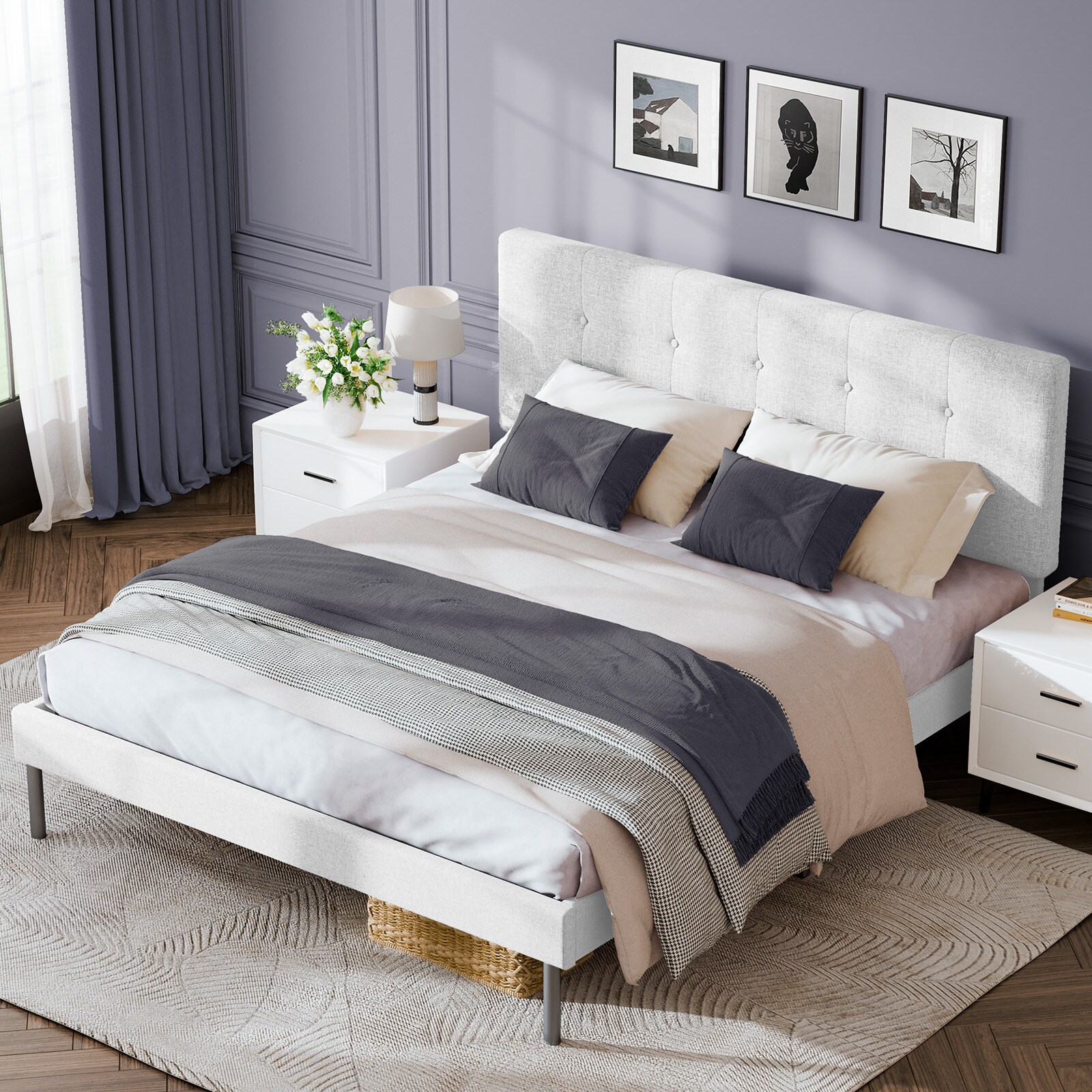 VOUA Bed Frame with Headboard White Twin Wood and metal Bed frame Bed