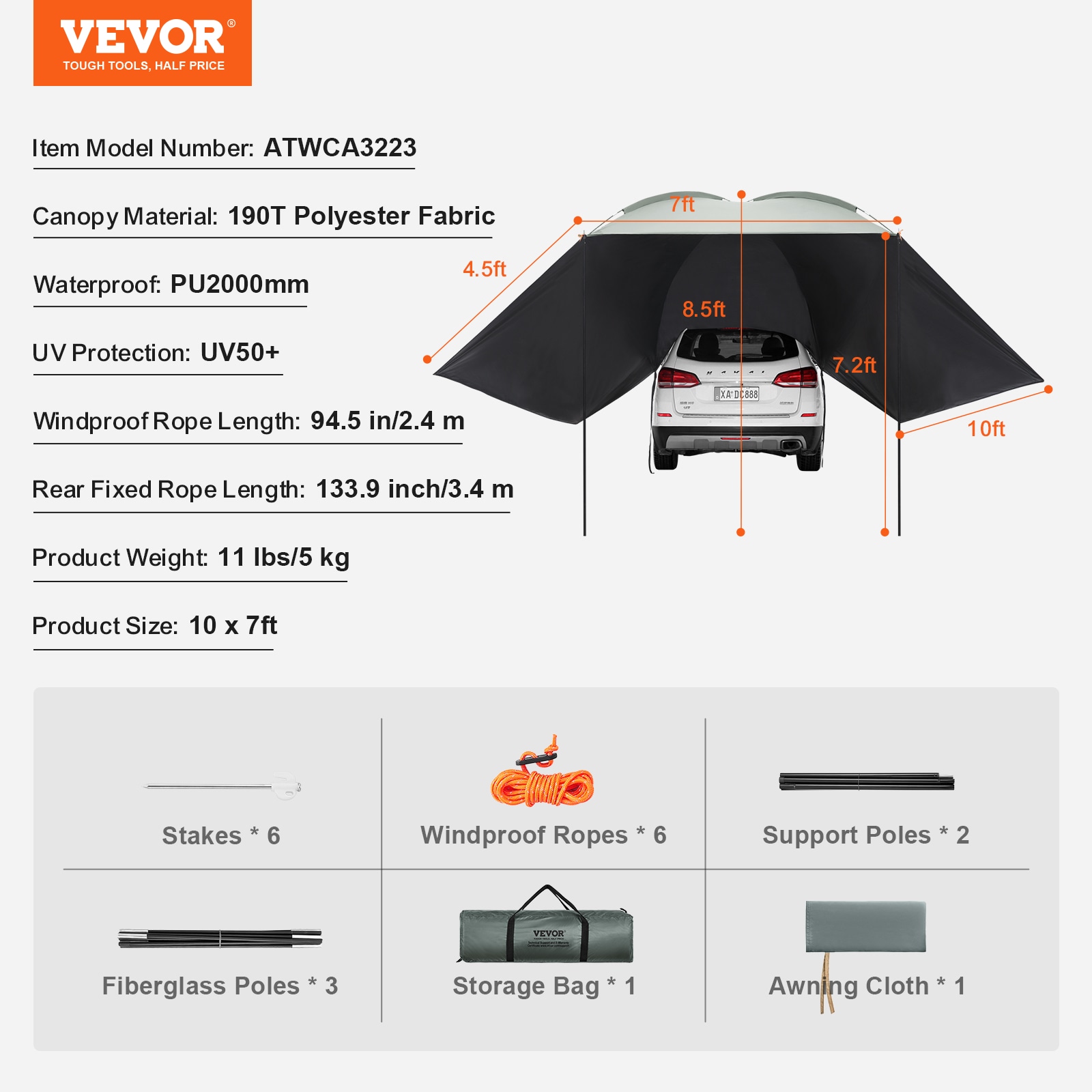 Large Portable Gray Car Side Awning with UV Protection