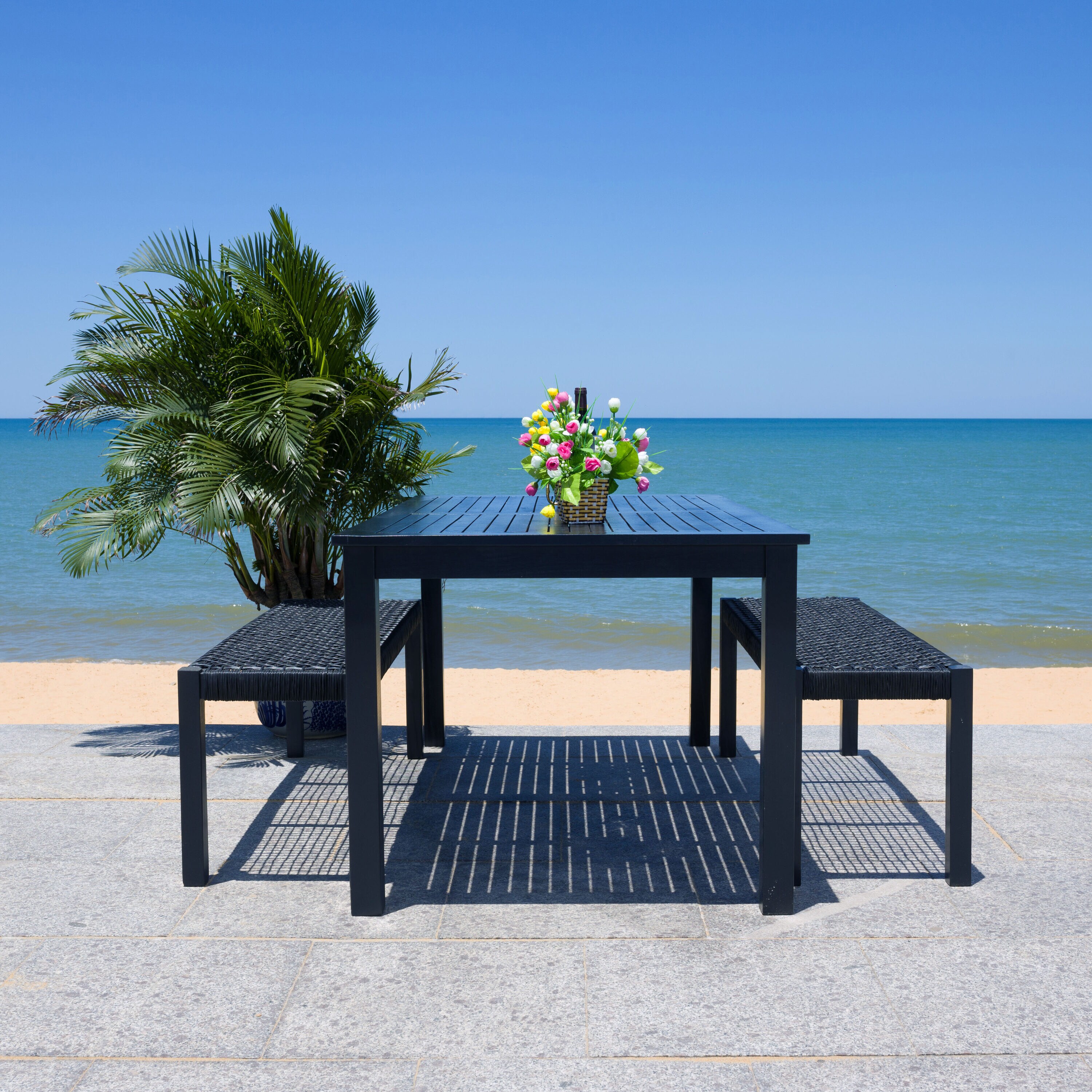 Aquina Black Acacia Wood Dining Set with Woven Rattan Benches