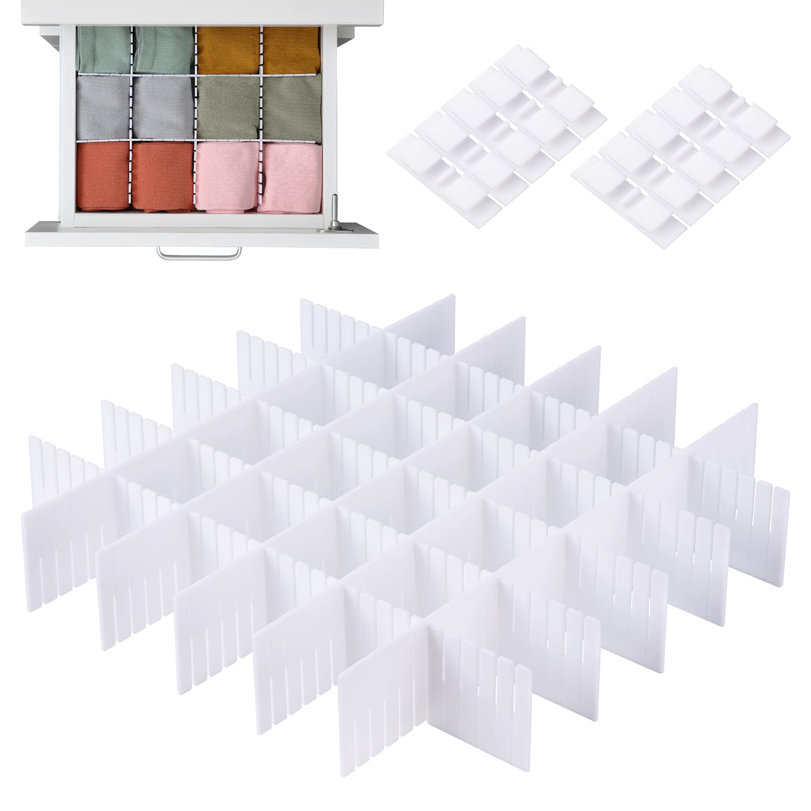 UUDULY  15 pcs Adjustable Drawer Dividers Set for Clothes Underwear Makeup Kitchen Utensils Tools Plastic Organizers for Bedroom Kitchen Office
