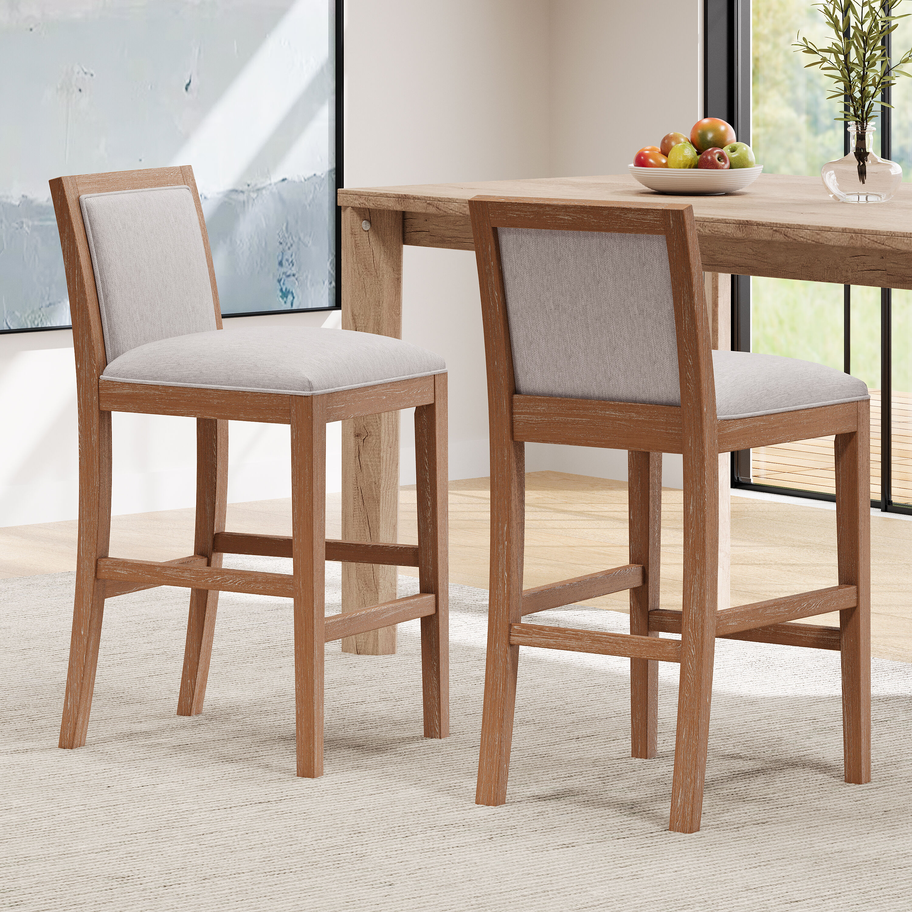 Modern Beige Fabric Counter Stools with Rubberwood Frame, Set of 2