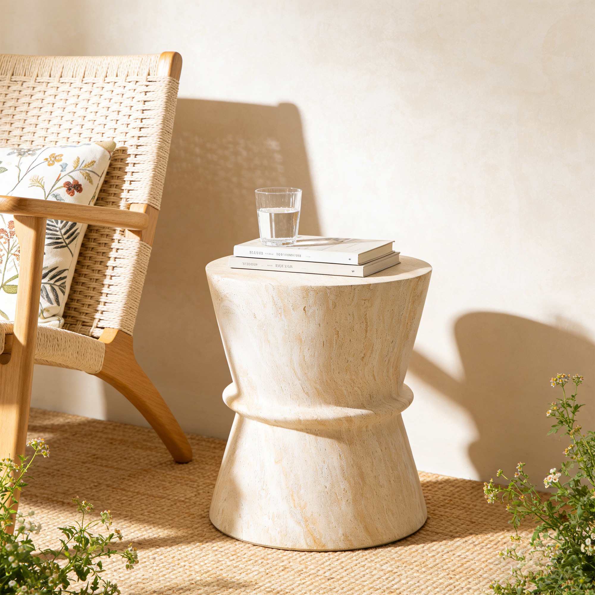  18 In Round Outdoor Side Table In Simulated Stone Finish Magnesium Oxide With Hourglass Shape 1 Pack