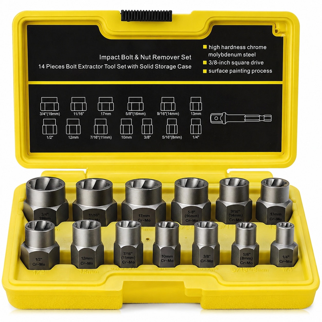 Justincity  14 Piece Impact Bolt and Nut Remover Set 3 Eight Drive Extractor Socket Set Metric and SAE Sizes for Damaged Rusted Rounded Fasteners