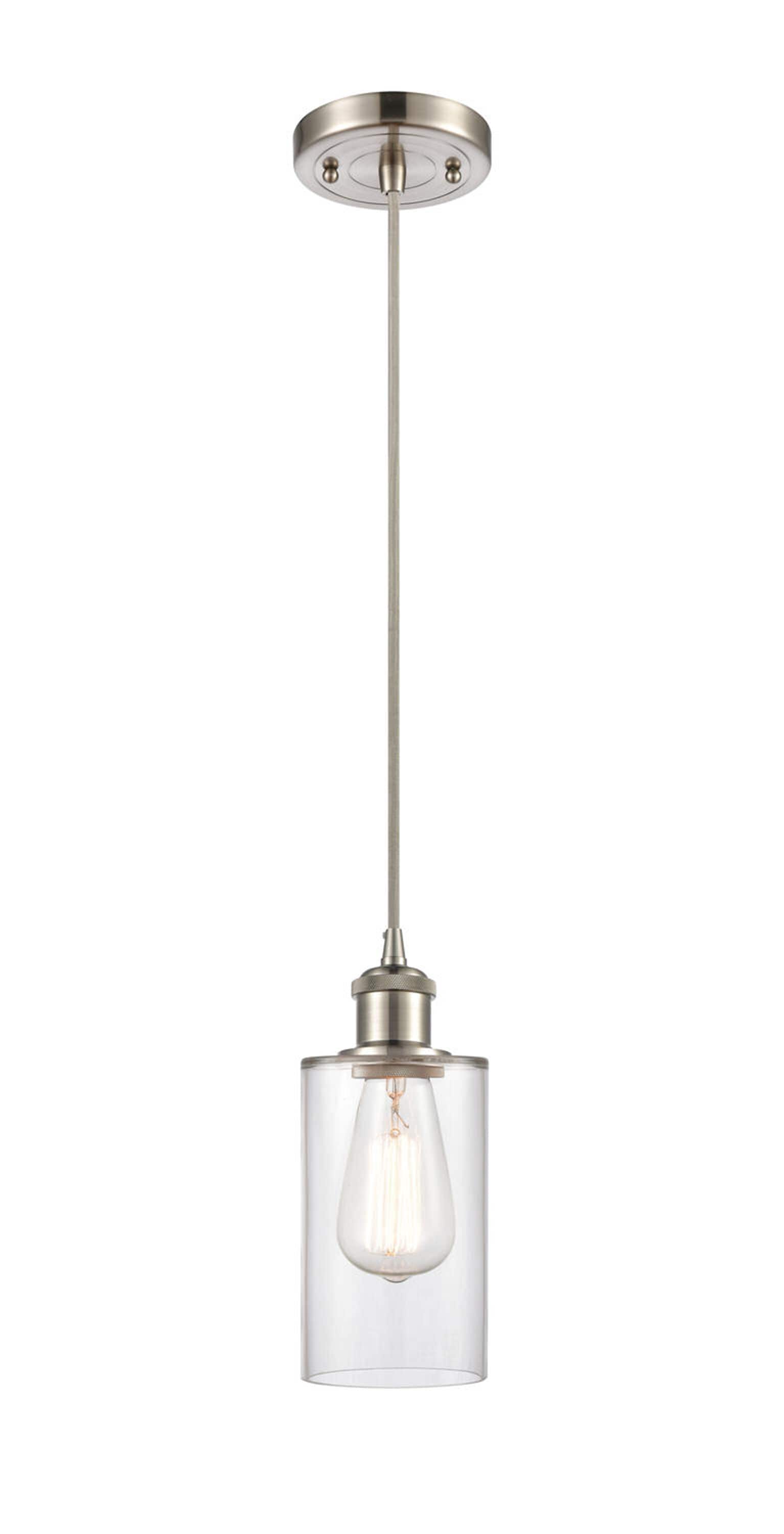 Innovations Lighting 516-1P-SN-G802 Clymer Brushed Satin Nickel Traditional Clear glass Cylinder Medium Hanging Pendant light