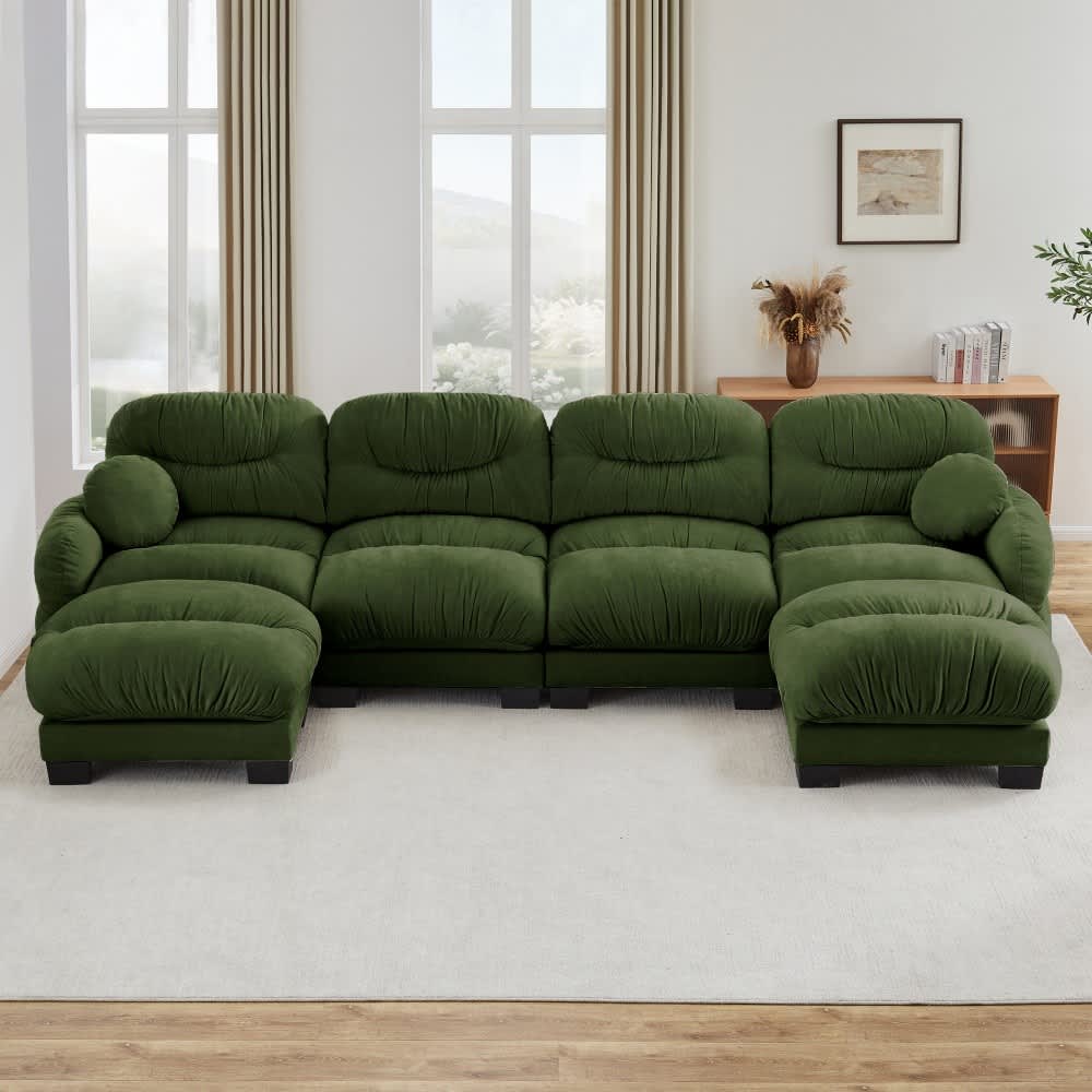 Coolbibila 6 Piece Green Pleated 4 Seat U Shape Chenille Sectional