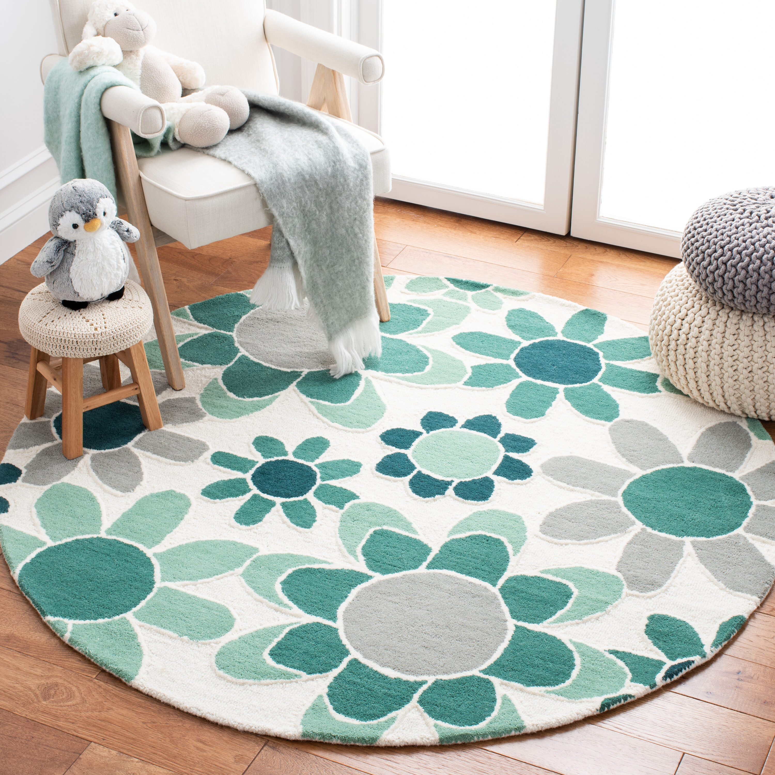   Kids Ivory/Green Kids 5ft x 5ft Round Rug