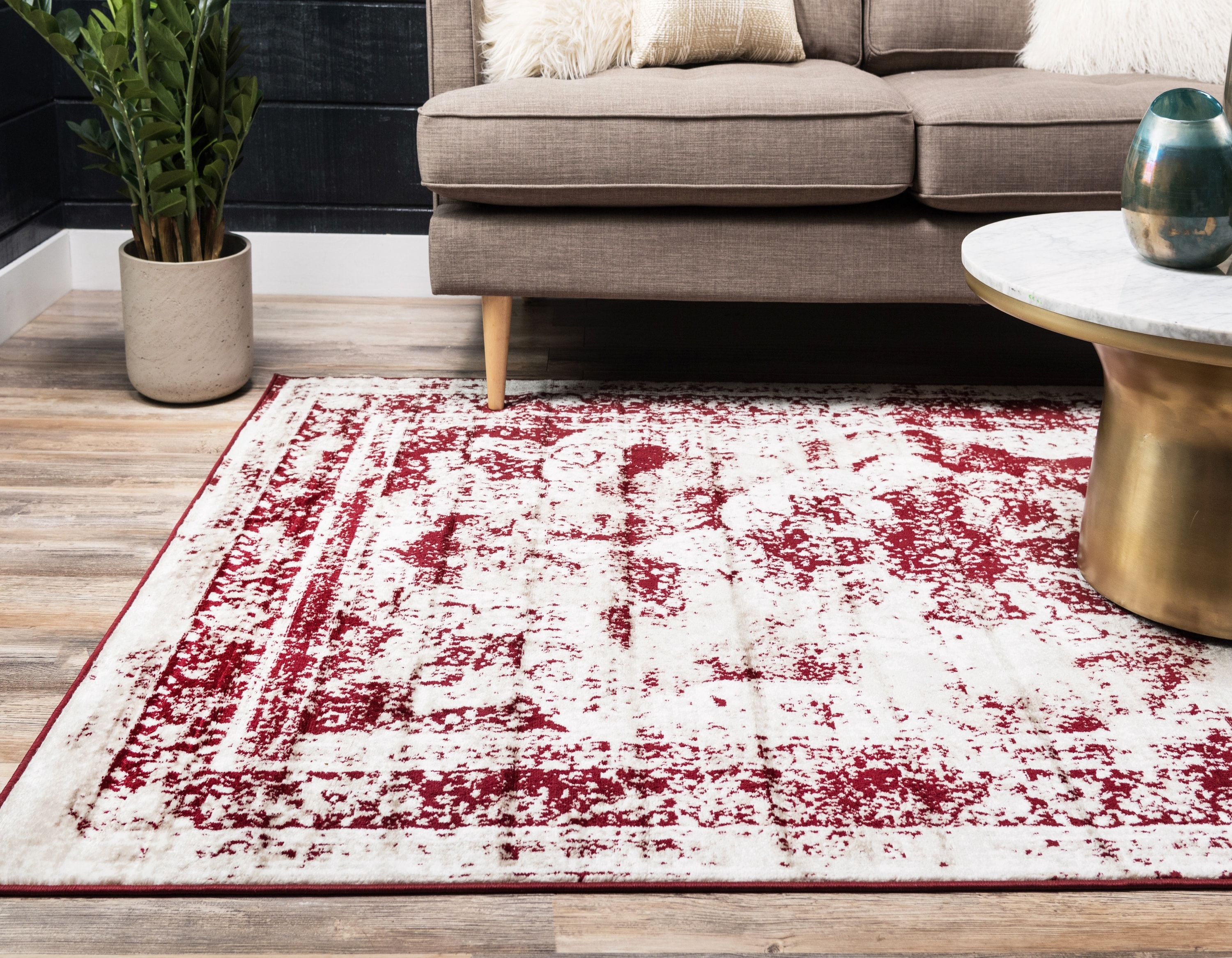 Burgundy Red & White Cotton Door mat Rug Indoor Outdoor - 2x3' Zig