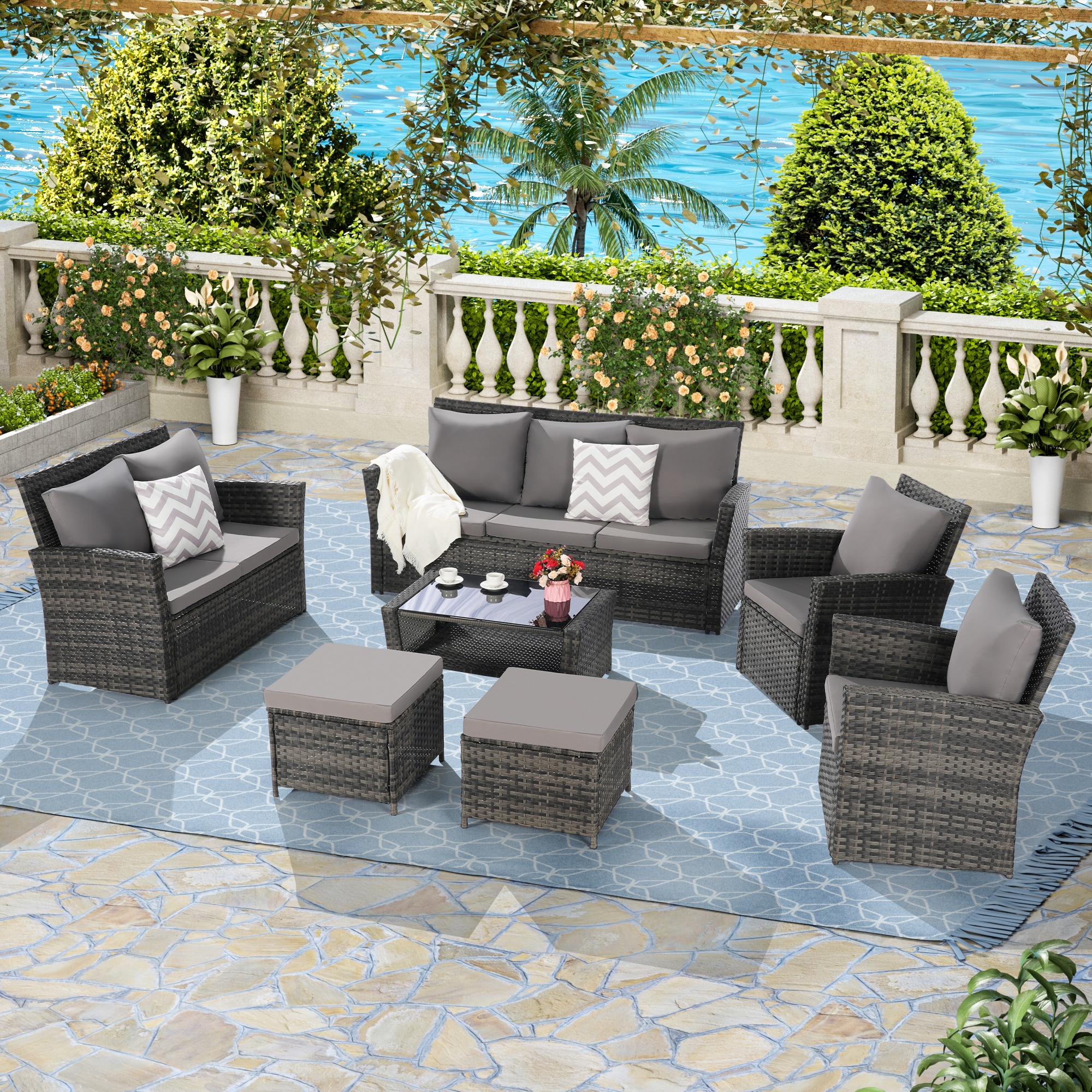Forclover HYFAS03BN Outdoor Sofa 7 -Piece Wicker Patio Conversation Set with Gray Cushions