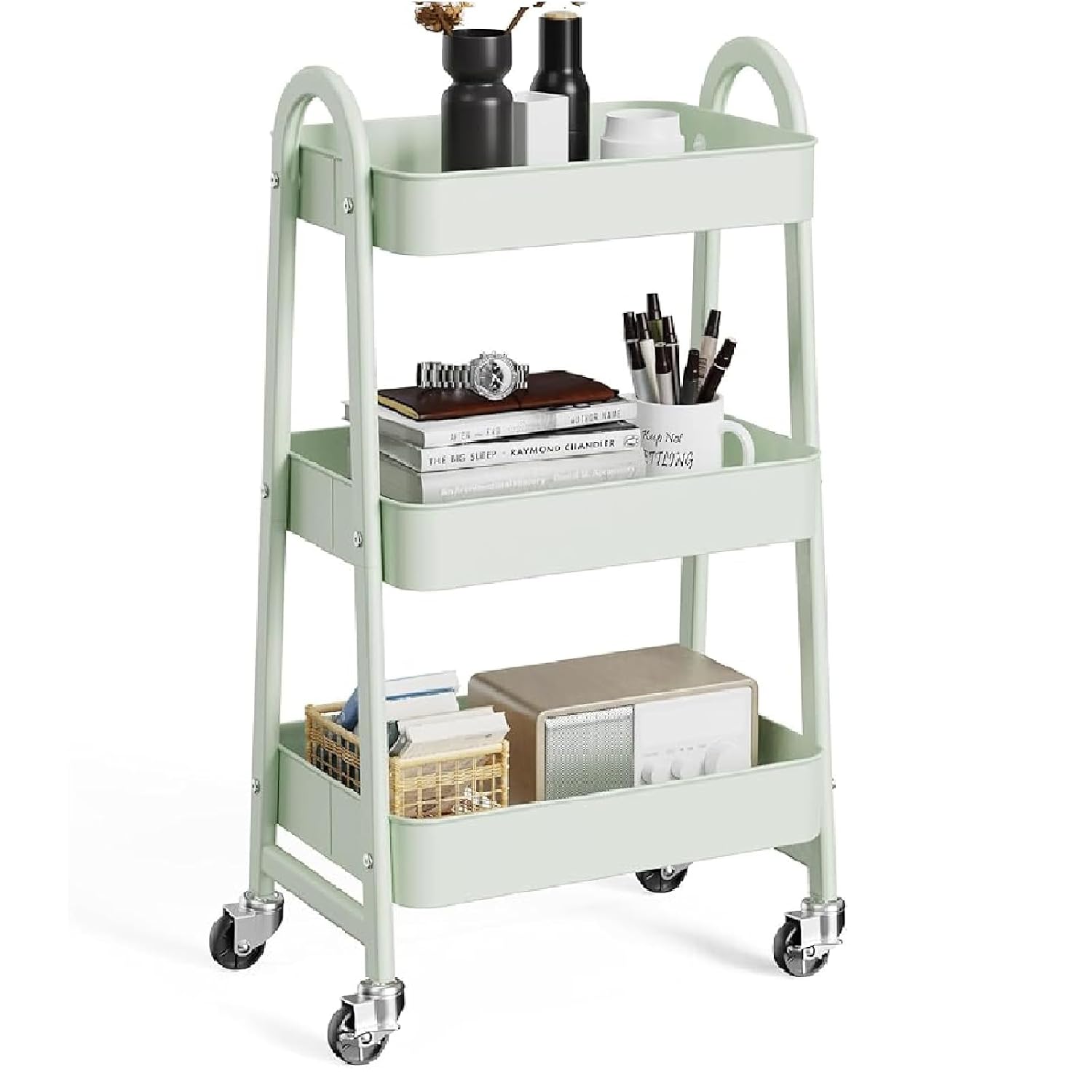 Fredees 3-Tier Metal Rolling Utility Cart with Lockable Caster Wheels and Ventilated Mesh Baskets for Bathroom Kitchen Office and Narrow Spaces
