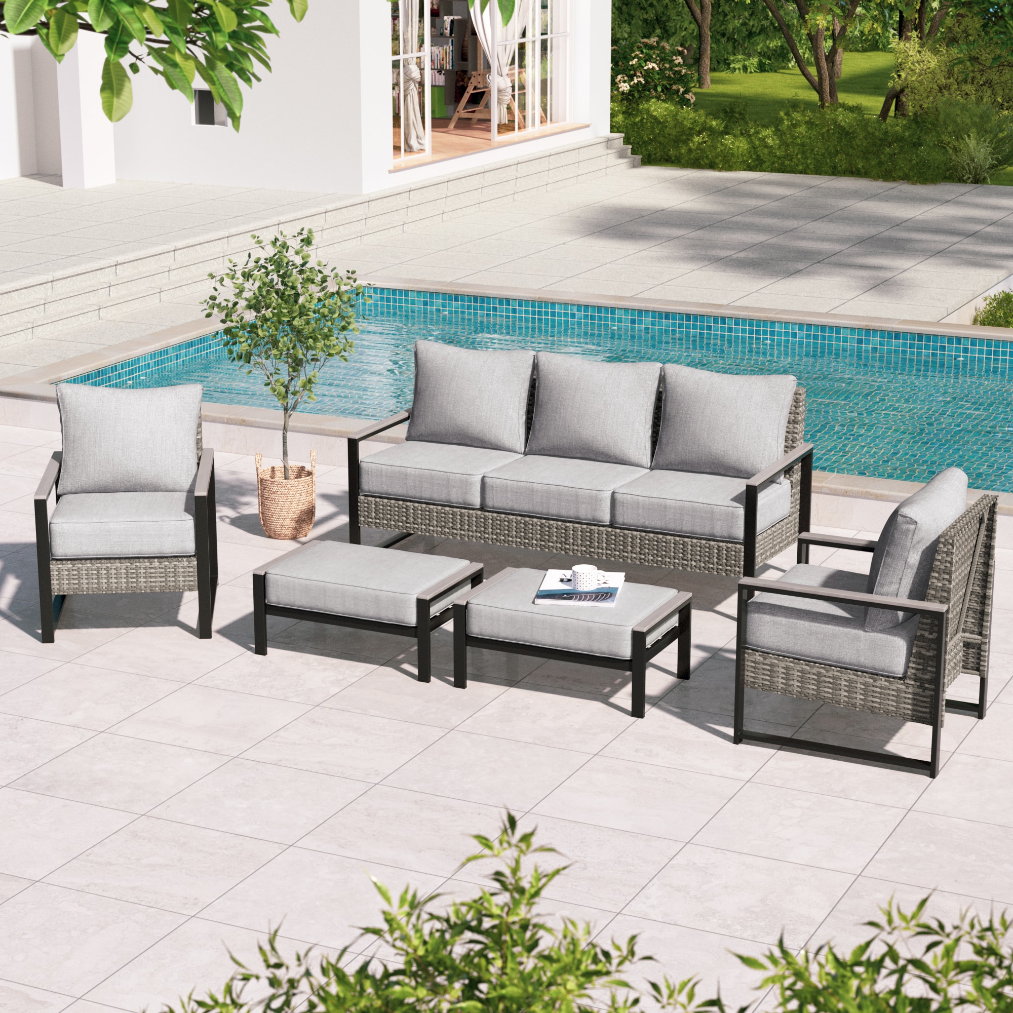 Sonkuki SD-PS-148HLY Patio Conversation Set 5 -Piece Wicker Patio Sofa Conversation Set with Gray Cushions
