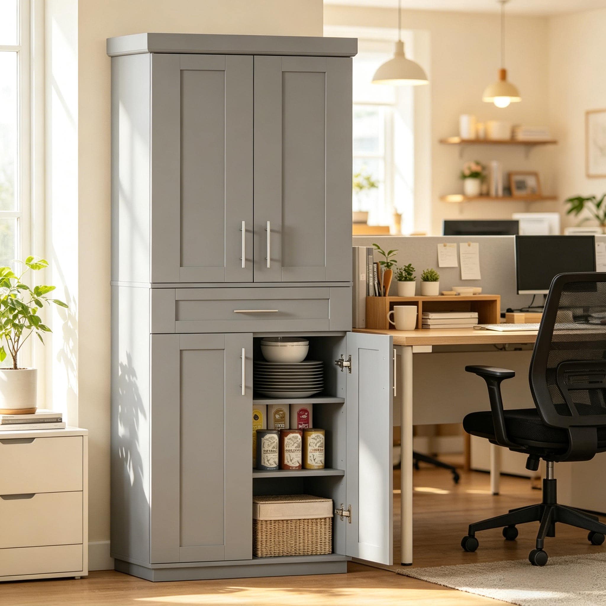 Vynxaria 30-in W x 72-in H x 15.75-in D Gray Freestanding Kitchen Pantry Cabinet with Adjustable Shelves and Drawers and Pull-Out Storage