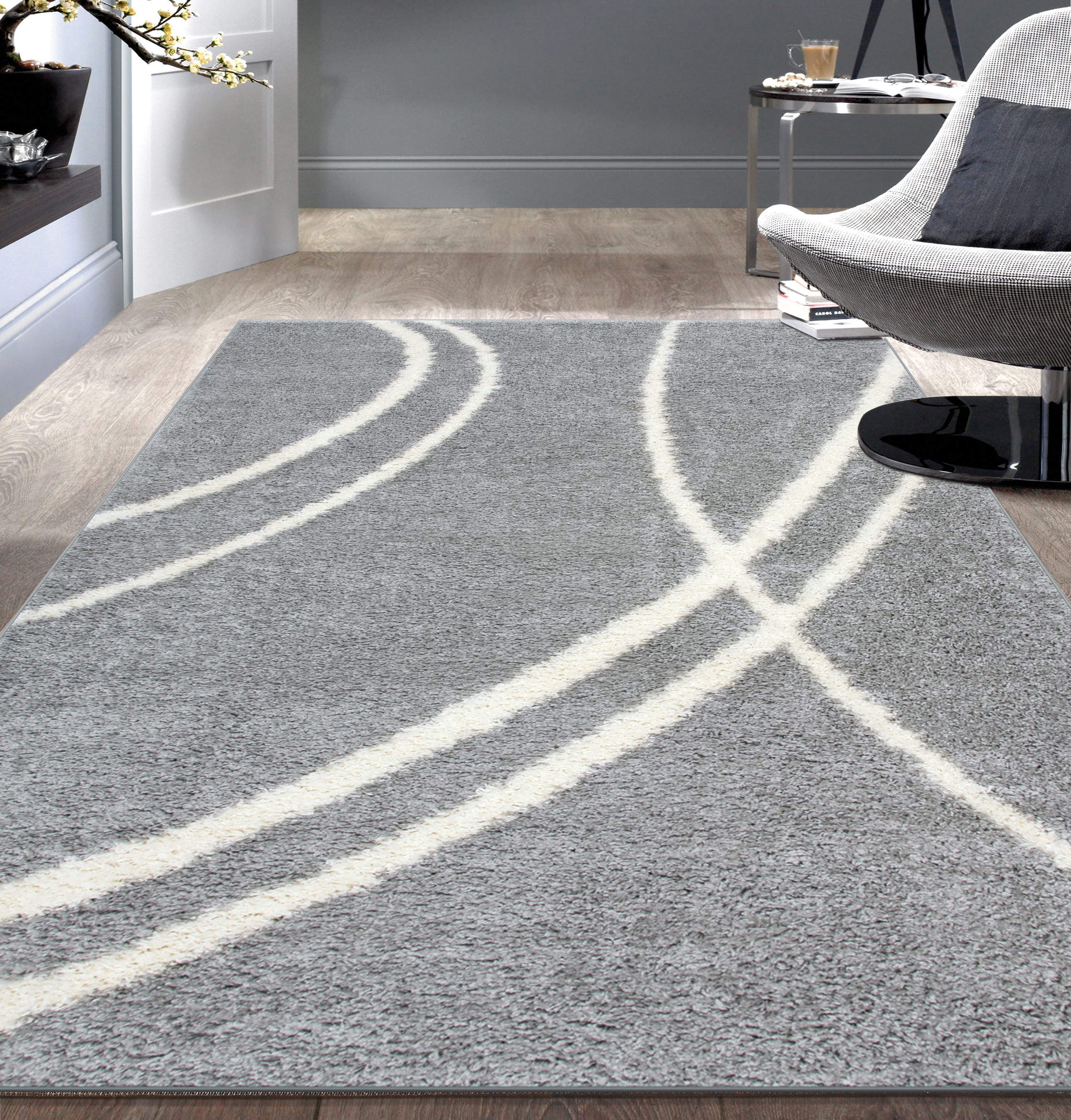 World Rug Gallery 2727 GRAY 5X8 Harbor Shag 5 x 7 (ft) Loomed Polypropylene Gray Rectangular Indoor Stripe Mid-Century Modern Area rug