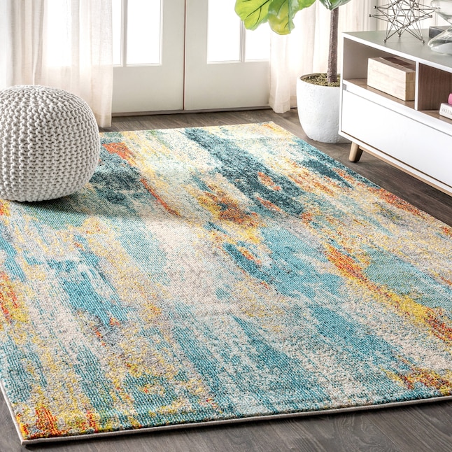 Abstract Bohemian Eclectic Area Rug, Cream Gray And Blue Area Rugs