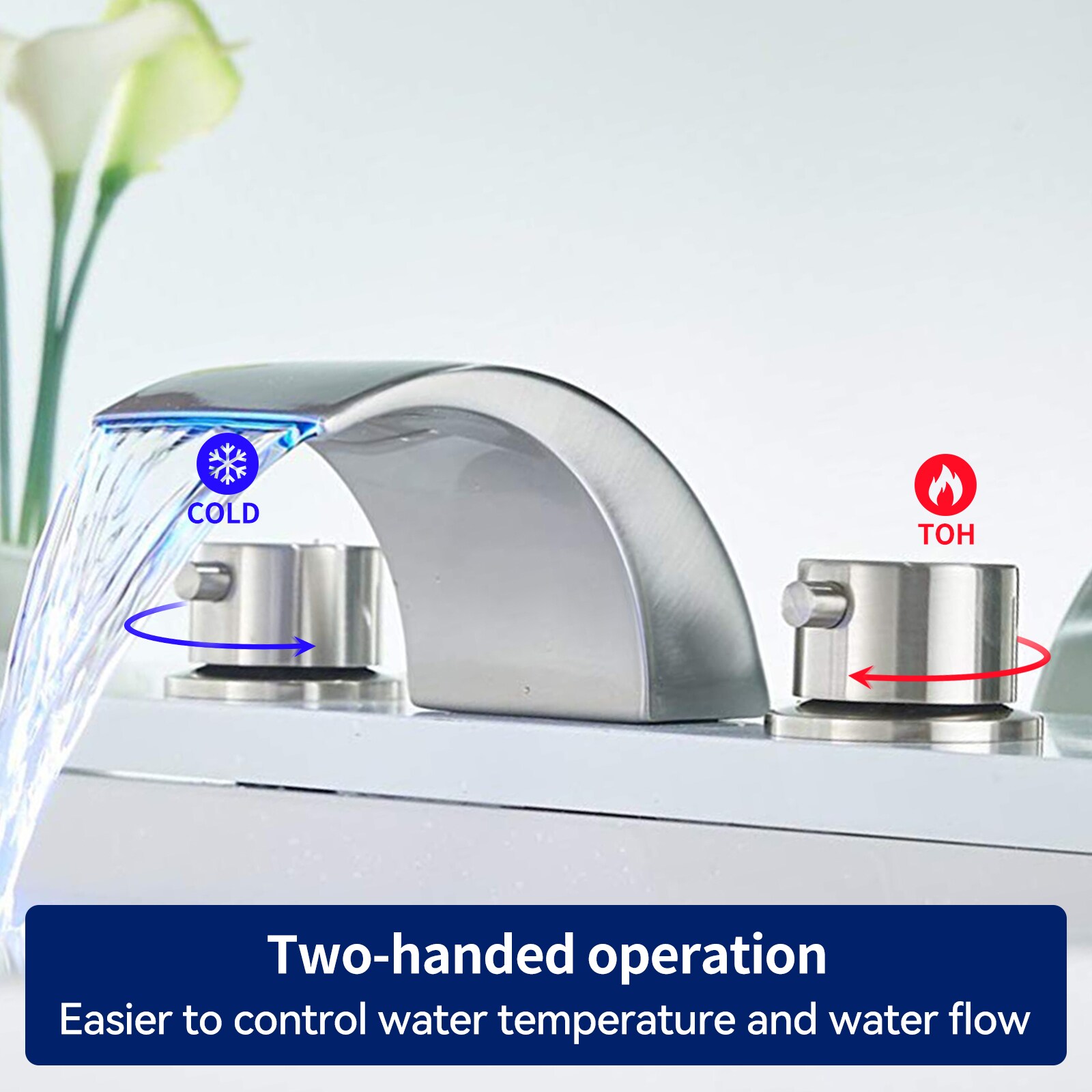 Brushed Nickel 8-Inch Widespread Waterfall Bathroom Faucet with LED Light
