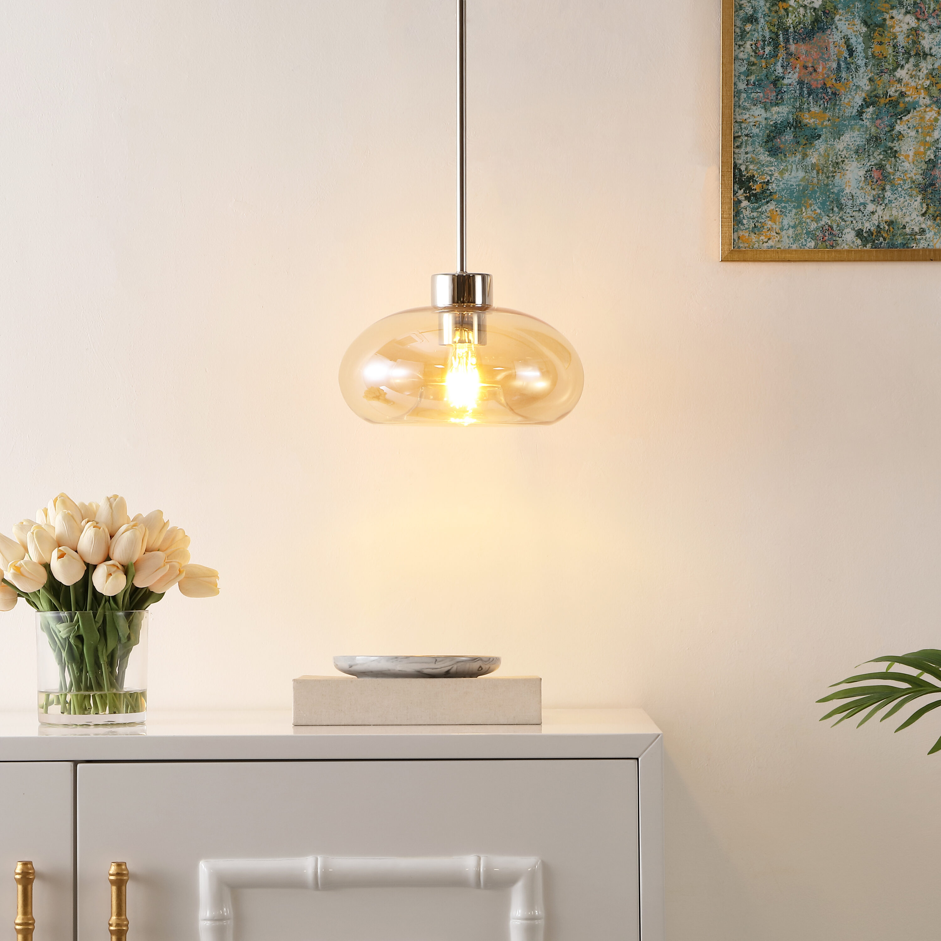 Amber Glass and Nickel Globe Pendant Light with LED