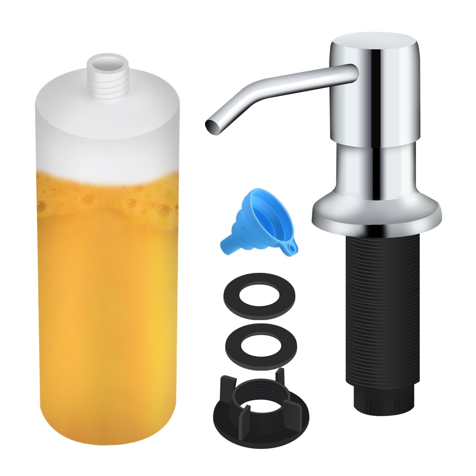 Phyfalip  Kitchen Sink Soap Dispenser Built In Refillable 17 OZ Bottle Stainless Steel Pump for Dish or Hand Soap Chrome Finish Easy Top Fill