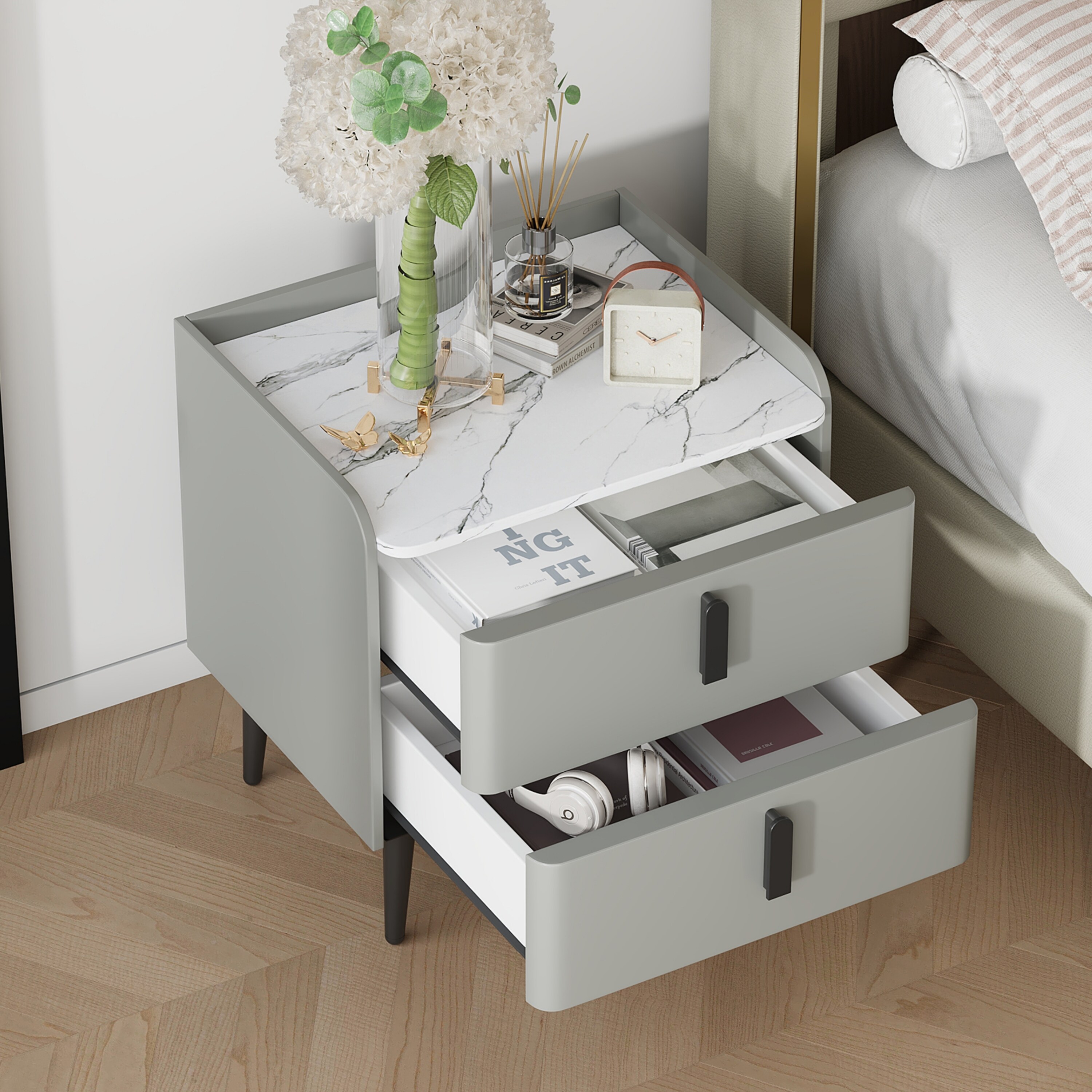 ModernLuxe L3P-N733P332142E Nightstand with 2 Drawers Night Stand with MarblePattern Tabletop Modern Beside Table for Bedroom End Table for Living Room Gray