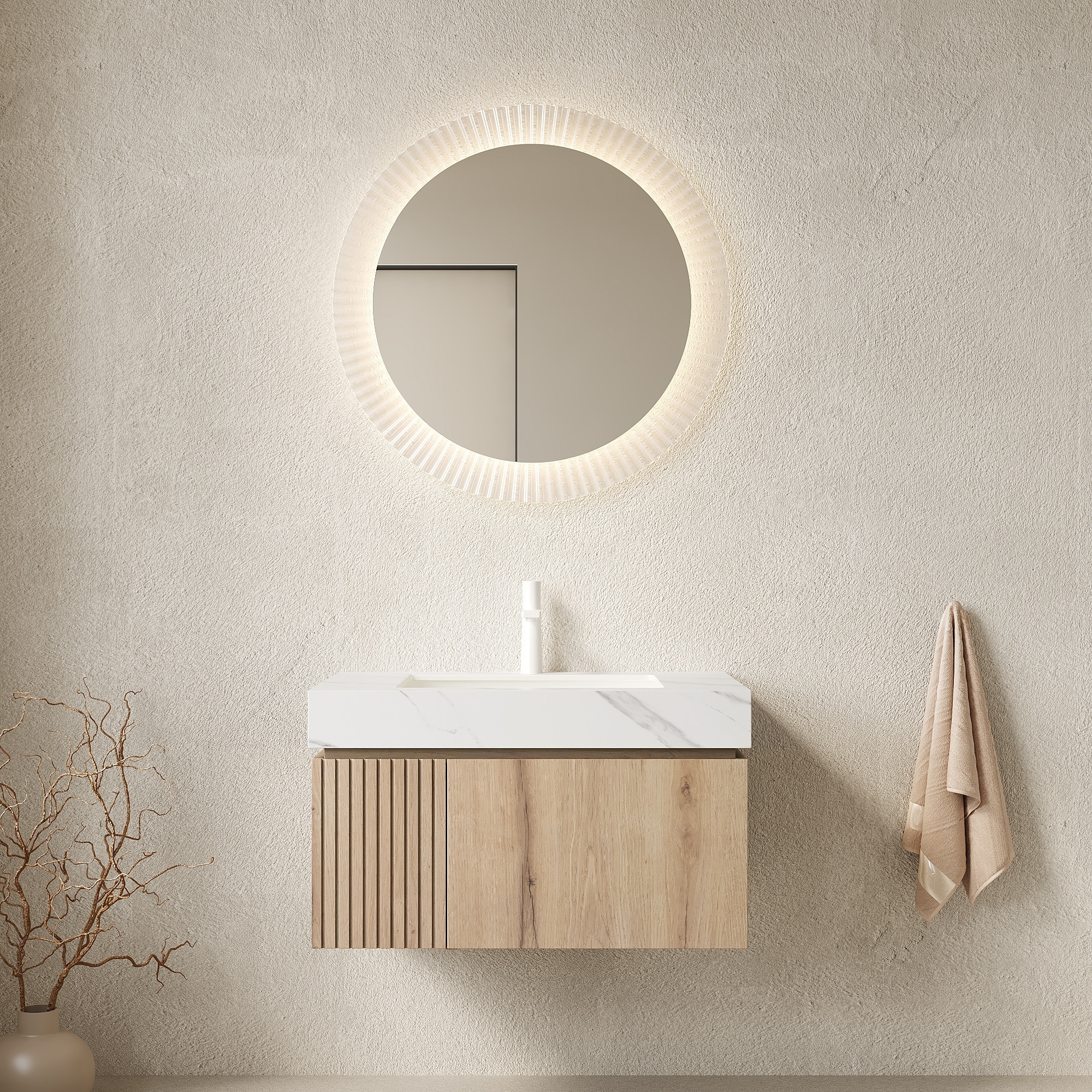 HyperDrop Cart 30-in White Oak Woodgrain Plywood Floating Bathroom Vanity with Carrara White Sintered Stone Top and 1-Hole Ceramic Basin Pre-Assembled