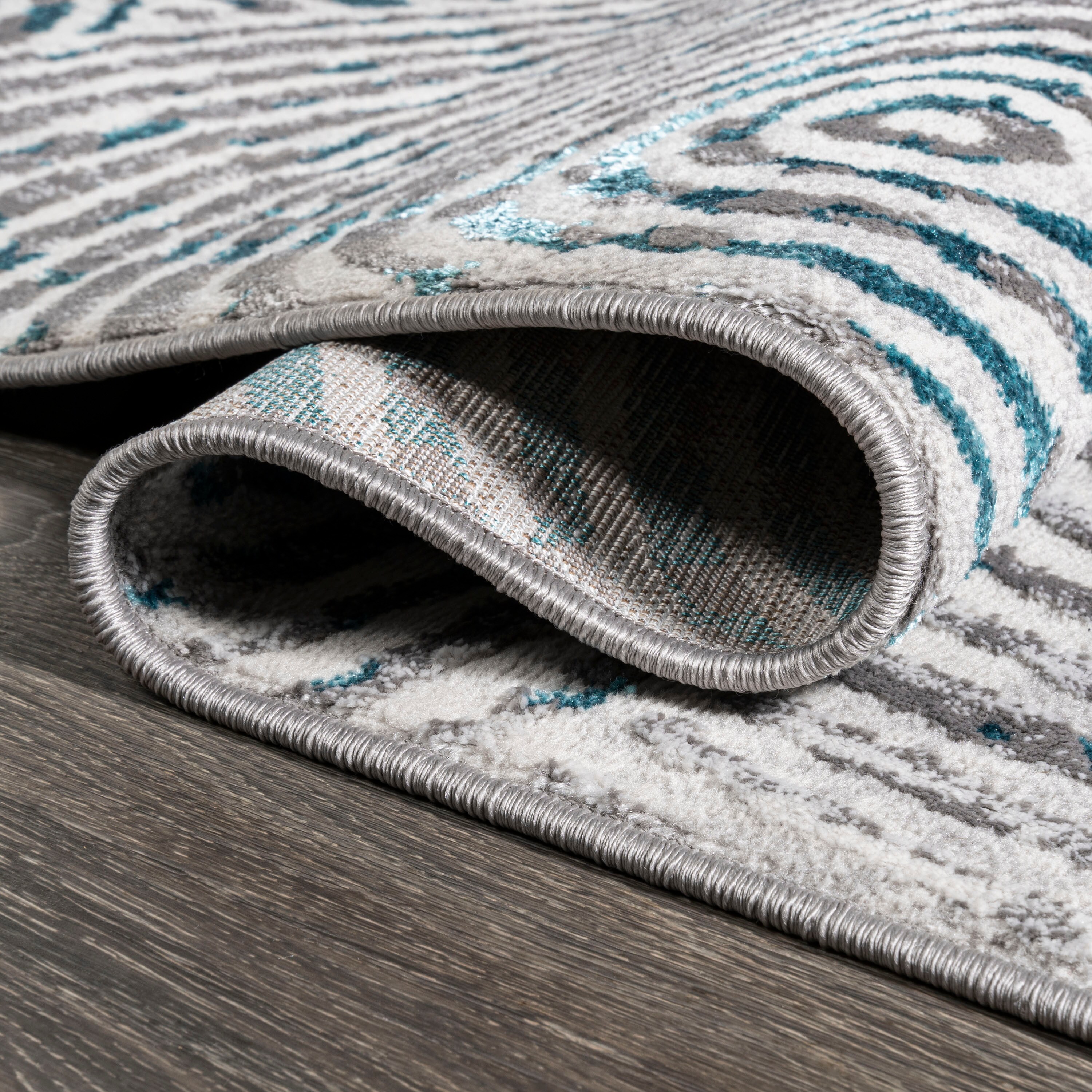 Coastal Abstract Swirls Area Rug 8' x 10' - Gray and Turquoise
