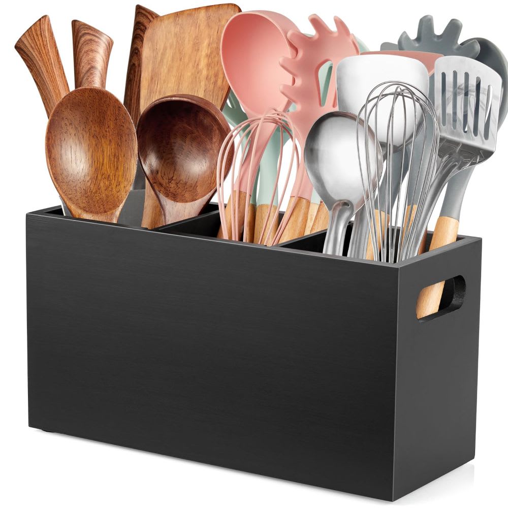 Aoibox 1 Piece Wooden Kitchen Utensil Holder 3 Compartment Pine Wood Organizer Removable Divider Anti Slip Pad Handle for Countertop Storage #LAB0228U07