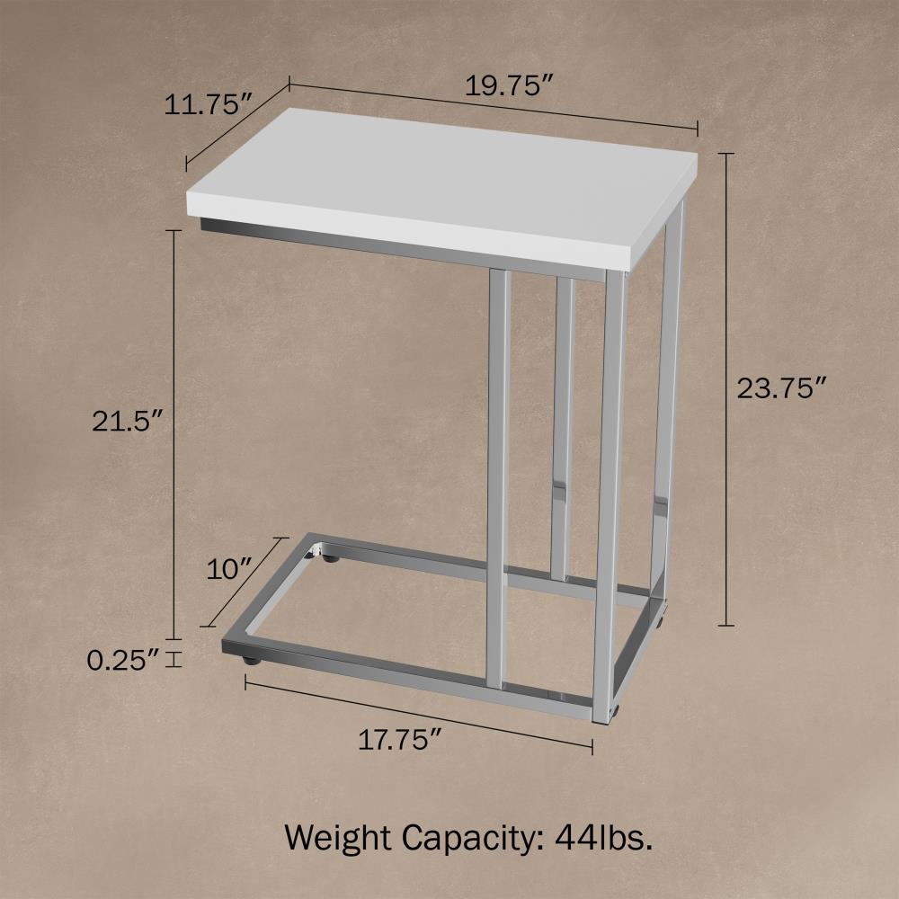 White Glossy Wood and Chrome C-Shaped Sofa Side Table